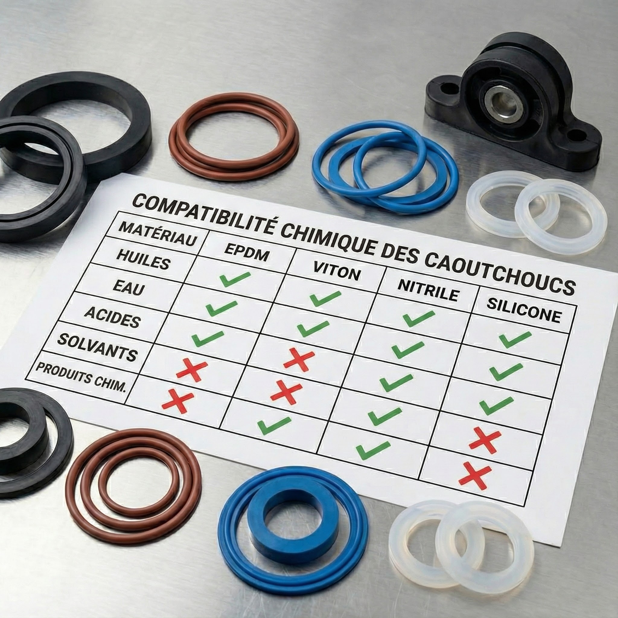 Un tableau imprimé sur papier intitulé COMPATIBILITÉ CHIMIQUE DES CAOUTCHOUCS est posé sur une surface métallique, entouré de divers joints toriques en caoutchouc noir, brun, bleu et transparent, ainsi que d'un palier à semelle noir. Le tableau évalue la compatibilité de l'EPDM, du VITON, du NITRILE et du SILICONE avec des HUILES, de l'EAU, des ACIDES, des SOLVANTS et des PRODUITS CHIM. à l'aide de coches vertes et de croix rouges.