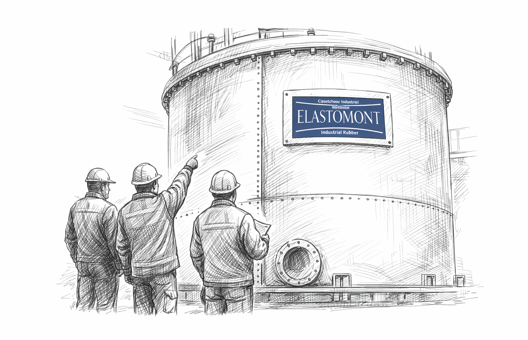 Illustration dessinée à la main montrant des employés d’Elastomont inspectant un grand réservoir industriel, symbolisant l’ingénierie appliquée, l’expertise terrain et la vision industrielle de l’entreprise.