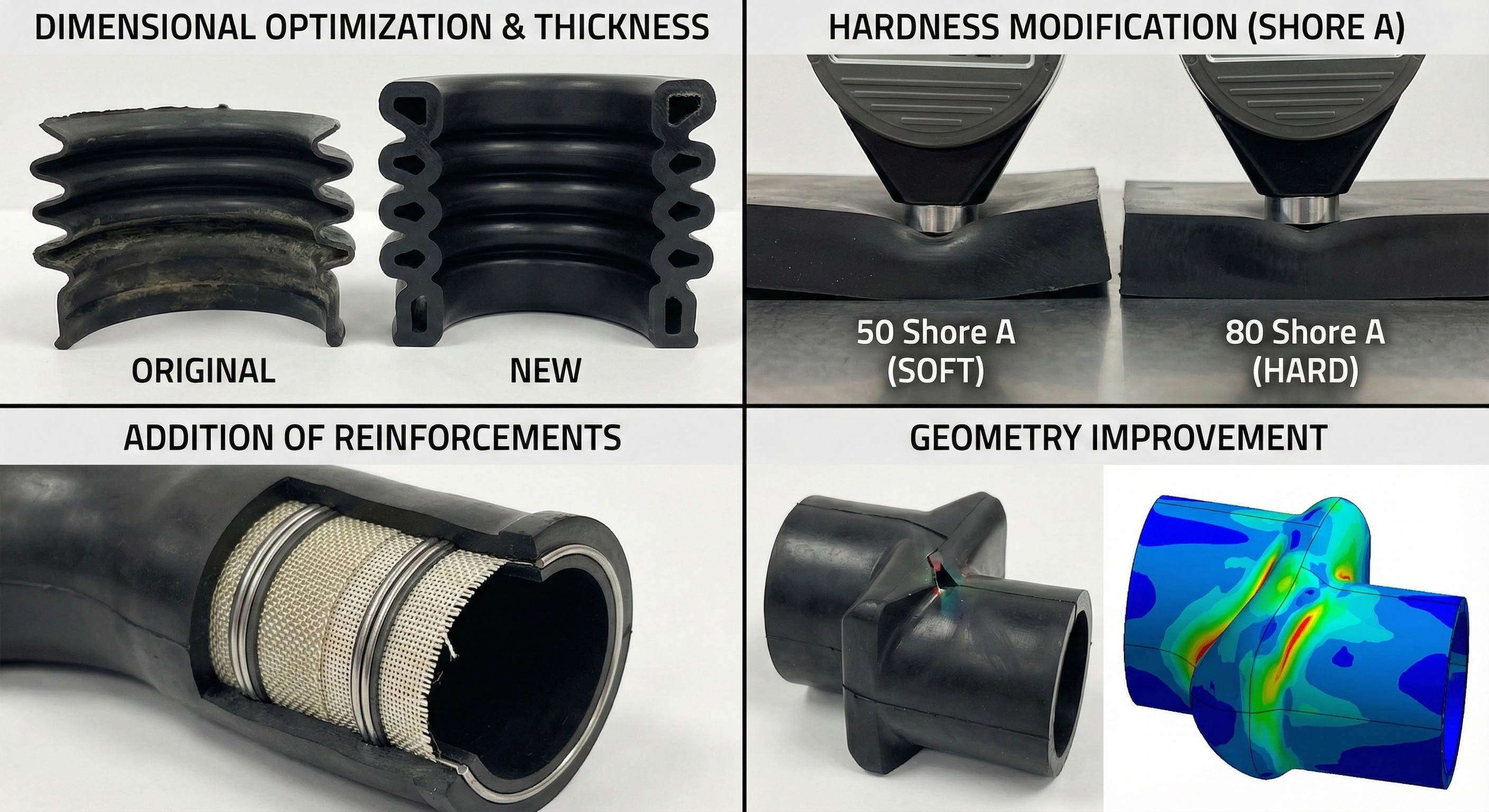4-panel view of Elastomont's rubber engineering: dimensional optimization, Shore A hardness comparison, structural reinforcements, and geometry improvement via FEA for custom molded parts.