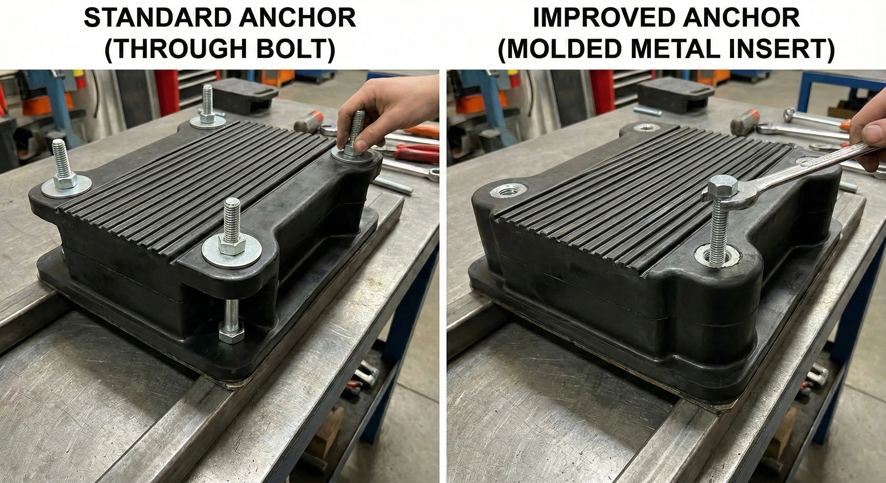 Comparative image showing two anchoring methods for an Elastomont anti-vibration rubber pad. On the left, STANDARD ANCHOR (THROUGH BOLT) shows a through-bolt with washer and nut being tightened by hand. On the right, IMPROVED ANCHOR (MOLDED METAL INSERT) shows a bolt being tightened with a wrench into a threaded metal insert molded into the rubber.