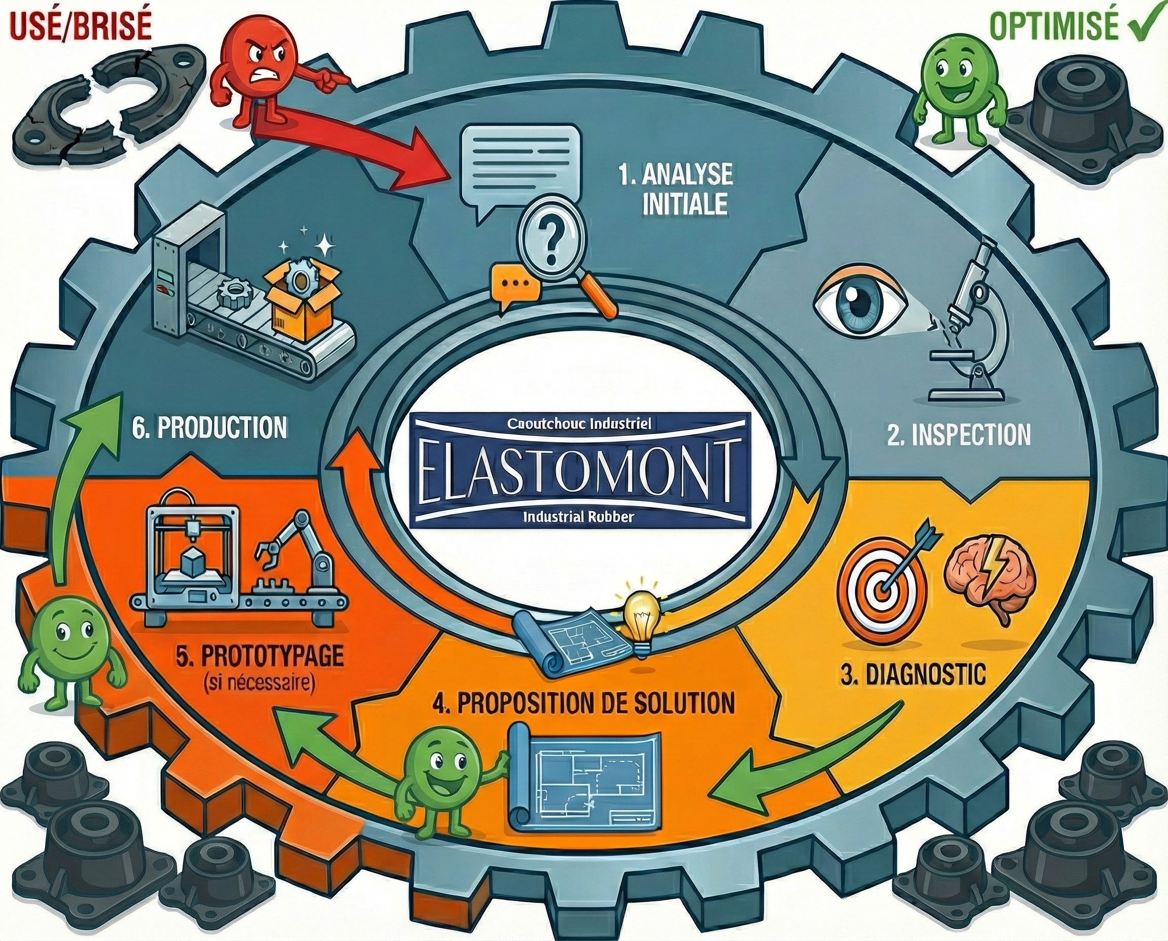 Gear-shaped circular infographic illustrating the Adaptation Process (Processus d'Adaptation) of Elastomont Industrial Rubber in French. The central cycle includes six steps: 1. Initial Analysis, 2. Inspection, 3. Diagnostic, 4. Solution Proposal, 5. Prototyping, and 6. Production. Outside the circle, an angry red character points from WORN/BROKEN (USÉ/BRISÉ) rubber parts to the analysis step. Green arrows and happy green characters show the flow from prototyping to solution, and from production to final OPTIMIZED (OPTIMISÉ) parts