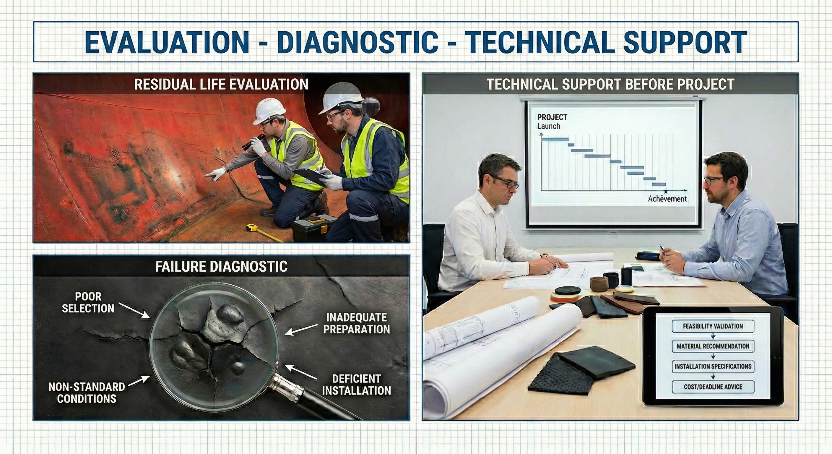 Infographie en trois panneaux intitulée 'EVALUATION - DIAGNOSTIC - TECHNICAL SUPPORT'. Le premier panneau montre deux ouvriers inspectant un revêtement en caoutchouc rouge. Le deuxième, une loupe sur du caoutchouc fissuré avec des étiquettes en anglais pour les causes de défaillance. Le troisième, deux hommes en réunion avec des plans et une tablette pour le support technique avant projet.