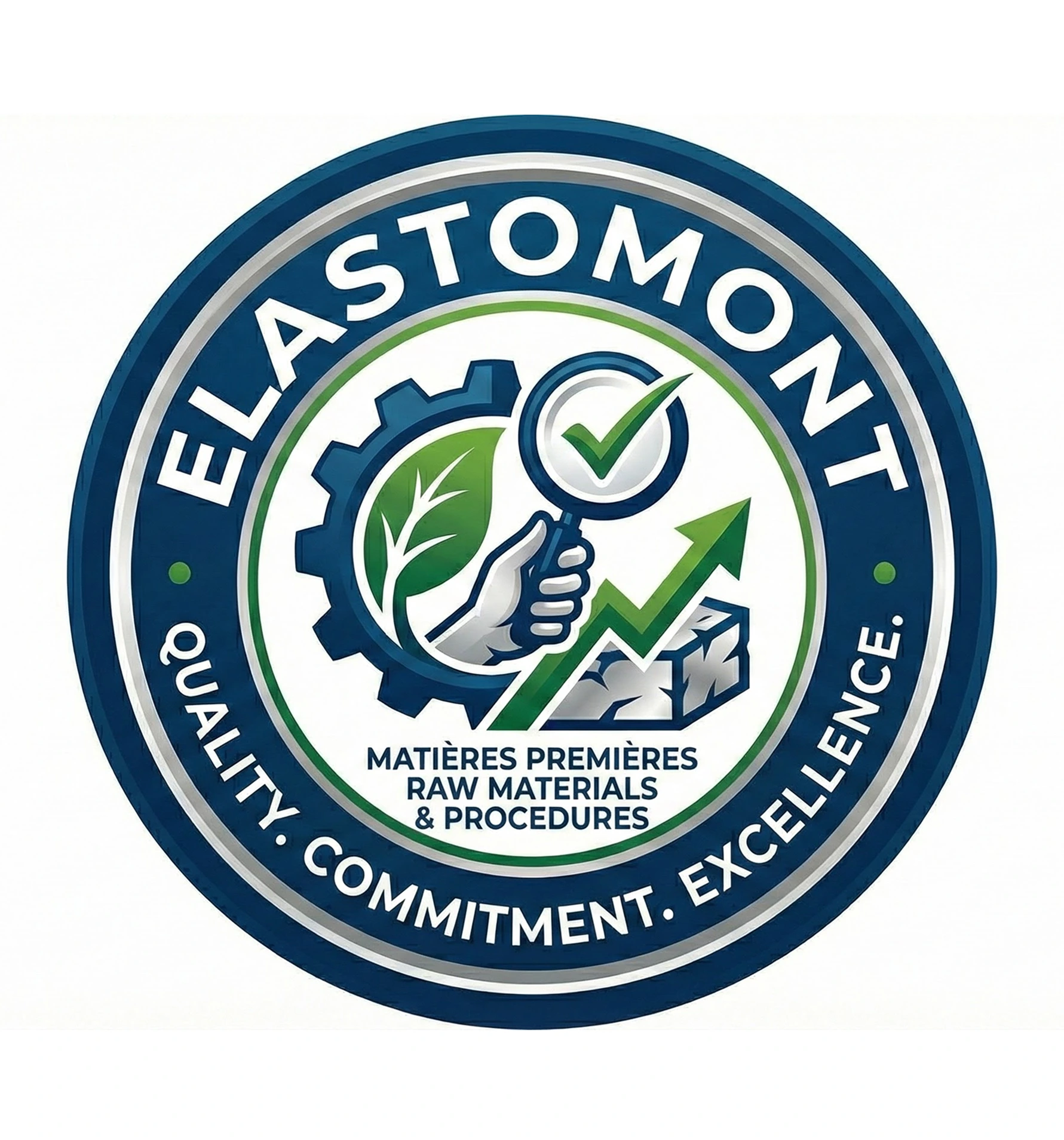 Bilingual circular logo for Elastomont. The dark blue outer ring features the white text ELASTOMONT at the top and QUALITÉ. ENGAGEMENT. EXCELLENCE. at the bottom, with QUALITY. COMMITMENT. EXCELLENCE. directly below it. The center illustration shows a gear with a leaf, a hand holding a magnifying glass pointing to a green checkmark, and an upward trend graph above raw material blocks. Below this illustration, the bilingual text reads MATIÈRES PREMIÈRES & PROCÉDURES / RAW MATERIALS & PROCEDURES.