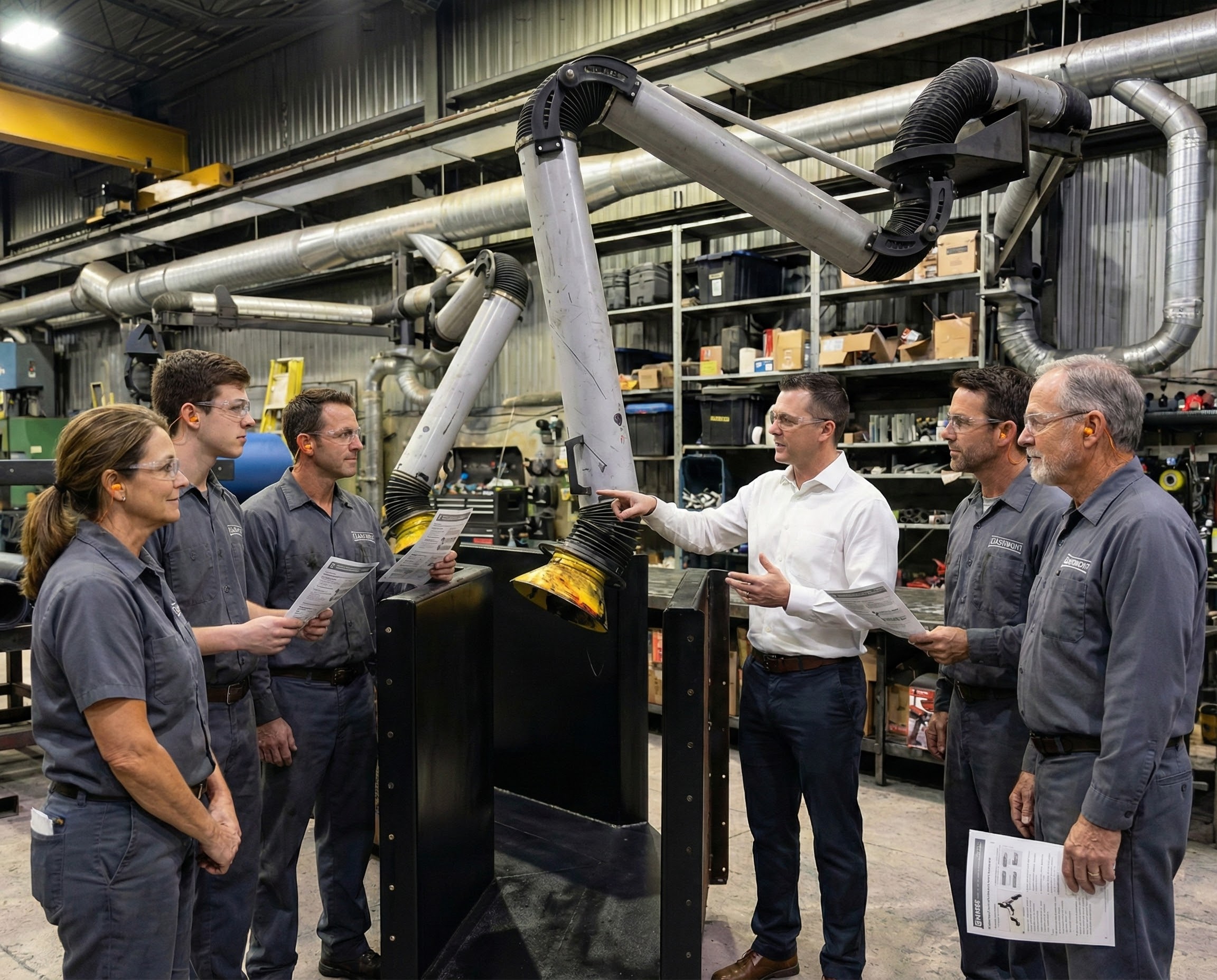 Formation SST Elastomont en usine : instructeur et employés avec documents devant un système de ventilation articulé.