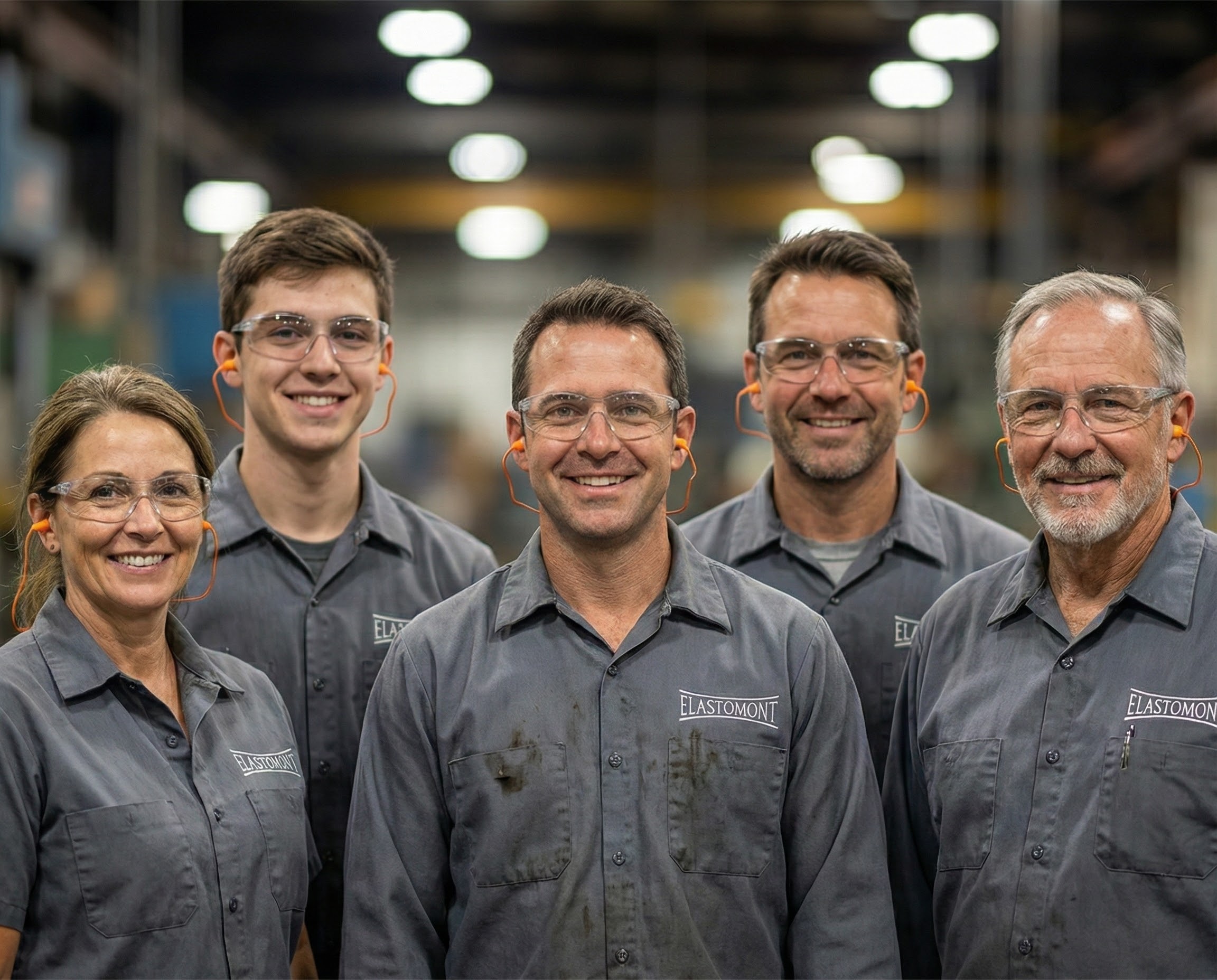 Photo de groupe de cinq employés en santé d'ELASTOMONT, souriants et portant des équipements de protection SST (lunettes et bouchons d'oreilles) dans une usine.