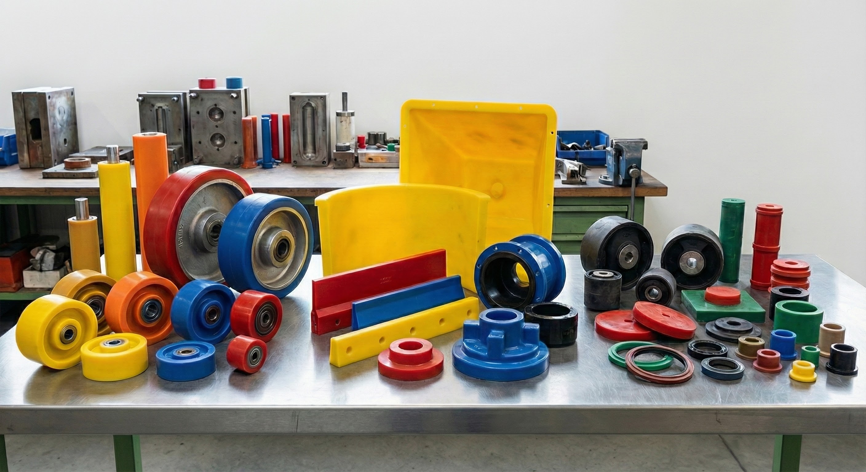 Vue détaillée de composants industriels en polyuréthane moulé sur table inox. Inclut une grande roue à bandage bleu et des galets pour un fonctionnement silencieux et une longue durée de vie, une pile de feuilles de revêtement anti-usure multicolores (bleu, rouge, noir, jaune) pour la protection des équipements, des engrenages, et des silent-blocs noirs pour l'isolation anti-vibration et la stabilité des machines.
