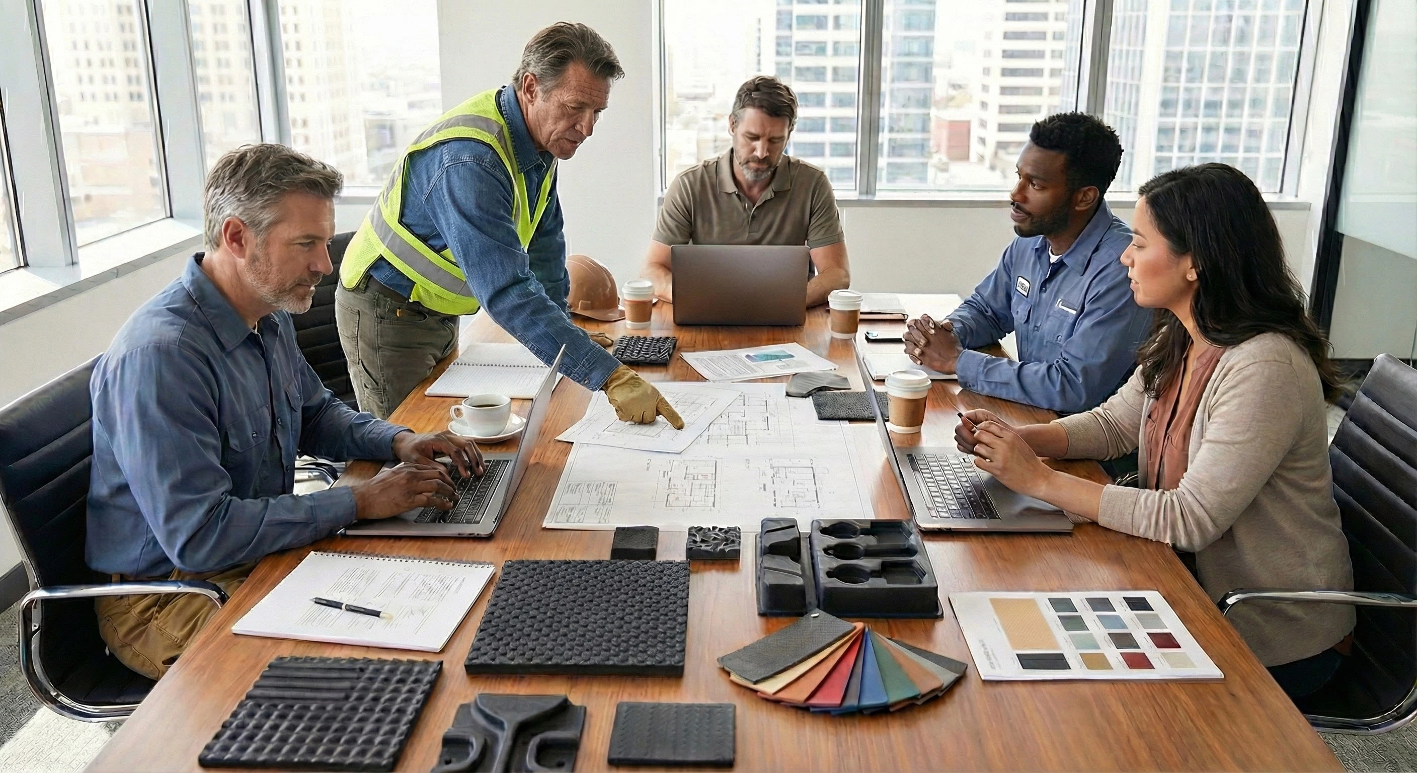 Réunion de conception chez Elastomont à Montréal, équipe spécialisée en rubber lining industriel et en pièces moulées en caoutchouc, discussion technique sur des solutions sur mesure pour applications industrielles.