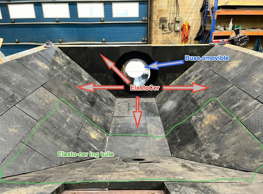 Panneau déversoir d'usure composite en caoutchouc et céramique de marque Elastomont, installé dans une usine de traitement de mine de diamant.