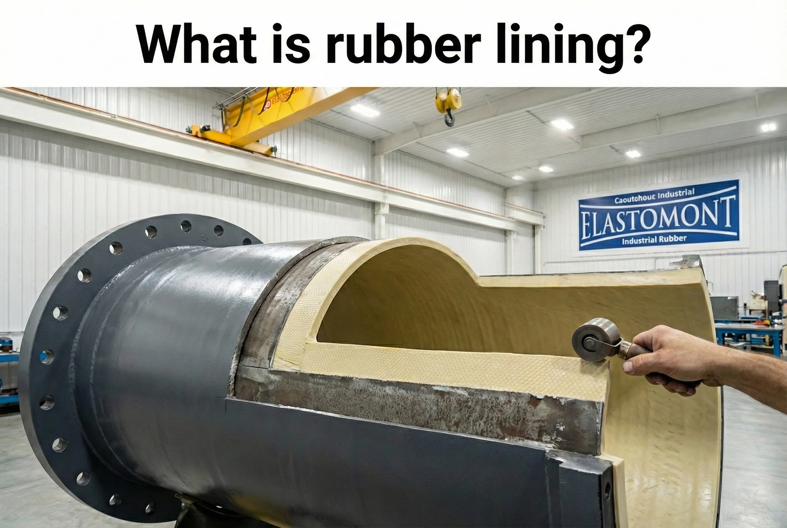 Close-up cross-section view of a hand applying thick natural rubber lining to a large industrial steel pipe flange, illustrating heavy-duty corrosion protection and increased durability solutions.