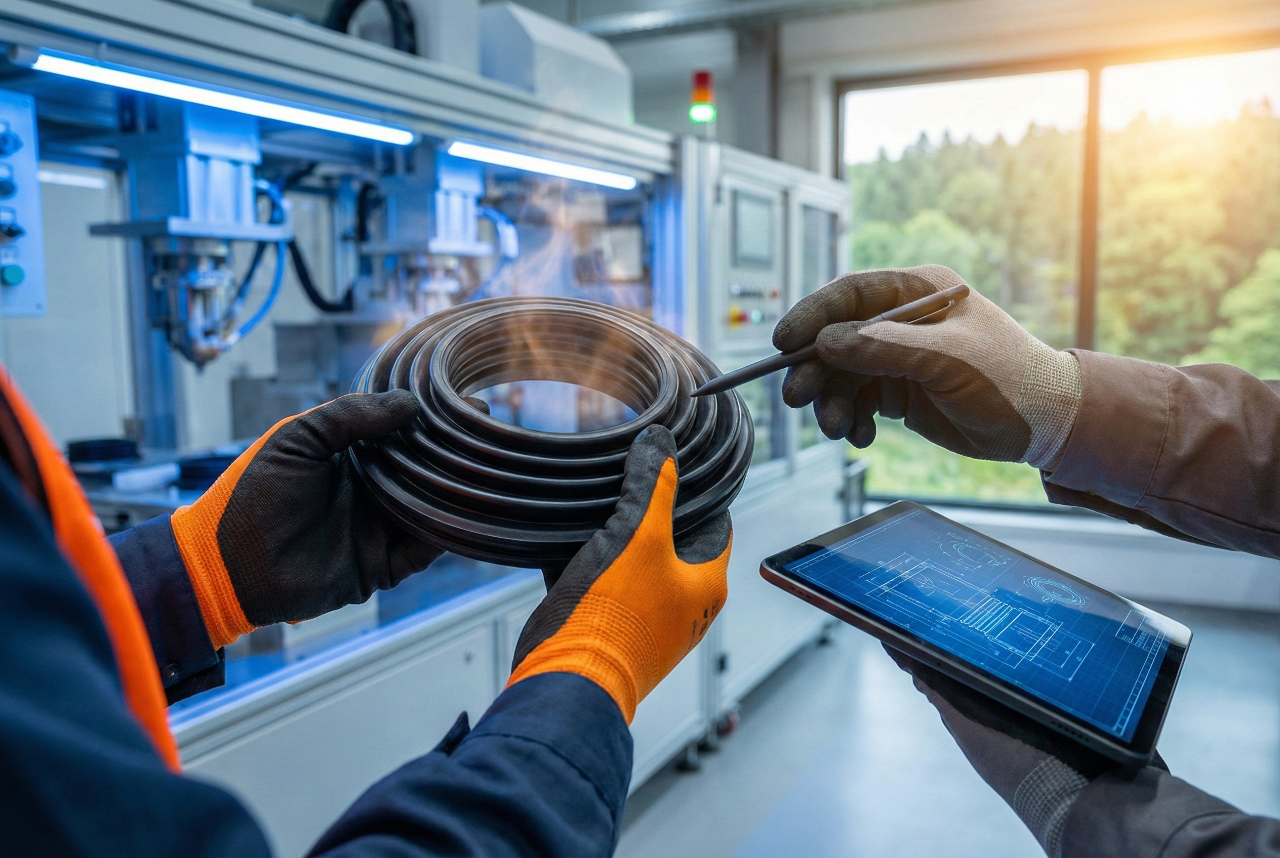 Deux techniciens collaborent dans l'usine Élastomont, inspectant une pièce en élastomère noir encore chaude. L'un tient la pièce avec des gants de sécurité orange, tandis que l'autre pointe un détail à l'aide d'un stylet sur une tablette affichant des plans techniques, sur fond de machines modernes et d'une vue sur la nature.