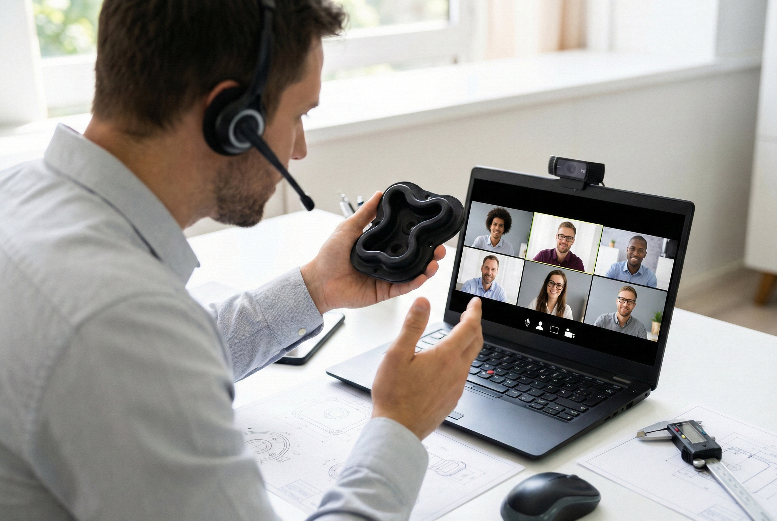 Un ingénieur portant un casque-micro présente une pièce moulée en caoutchouc noir complexe à la webcam de son ordinateur portable lors d'une vidéoconférence avec six autres participants. Des plans techniques et un pied à coulisse sont visibles sur le bureau.