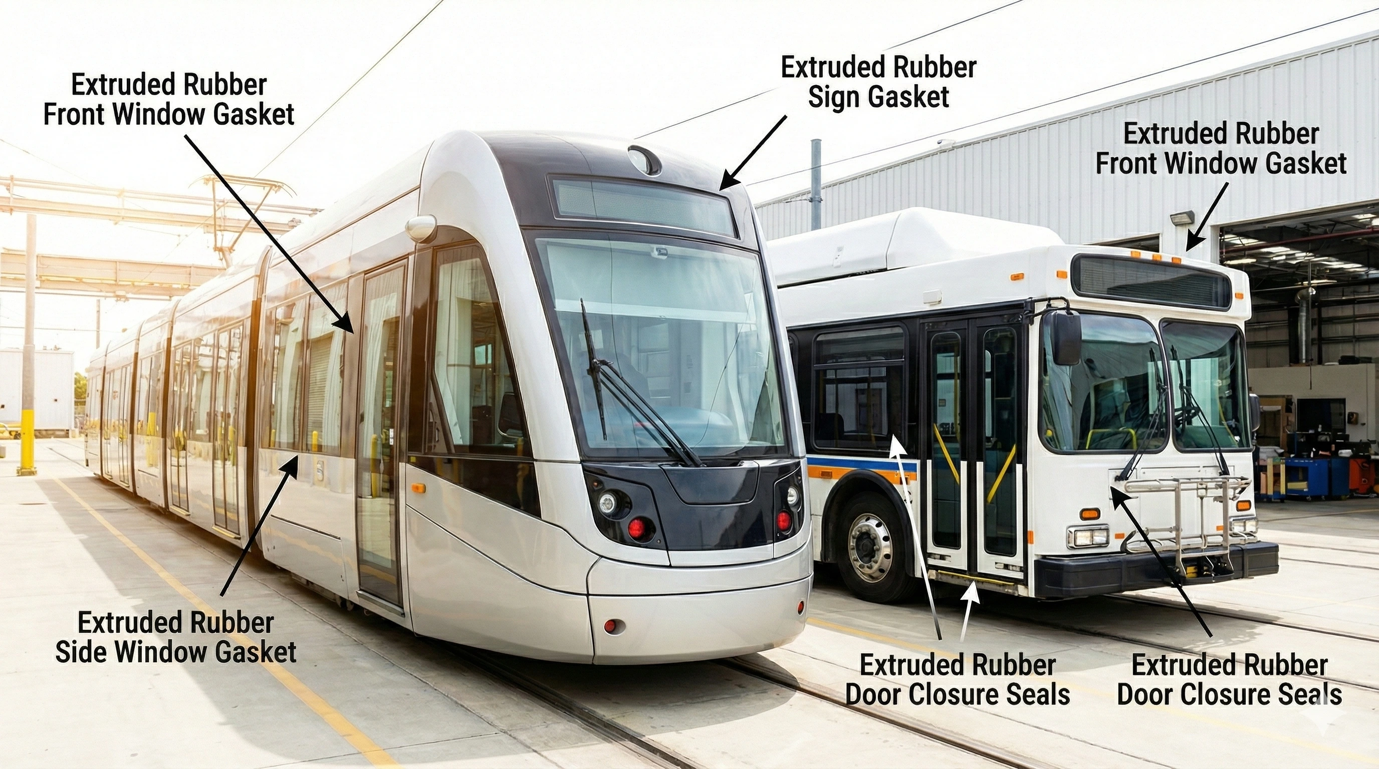 Technical diagram of a tramway and a bus showing the location of extruded rubber seals for doors and windows, illustrating Elastomont’s sealing solutions for the transportation industry.