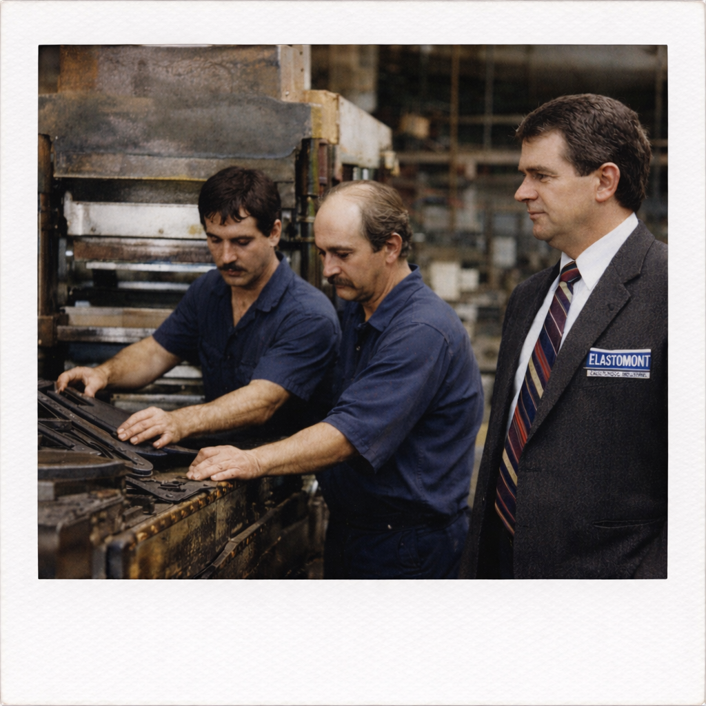 Photo Polaroid couleur style années 1990 montrant deux employés d’Élastomont travaillant sur une presse à caoutchouc, avec un superviseur en complet-cravate portant un écusson Élastomont, scène historique en usine.