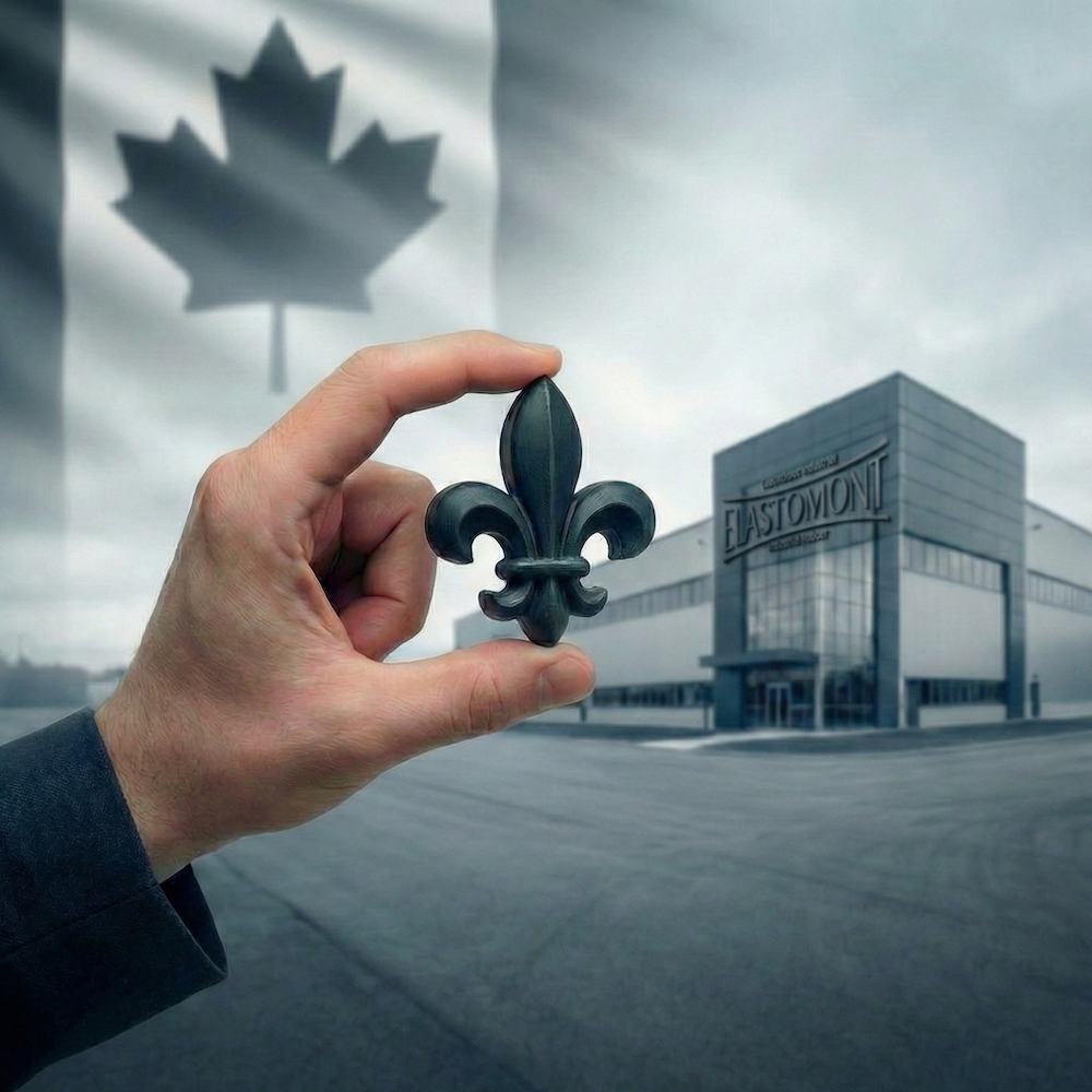 Gros plan sur une main tenant une pièce moulée en forme de fleur de lys, avec en arrière-plan flou le bâtiment de l'usine Elastomont Caoutchouc Industriel et le drapeau du Canada.