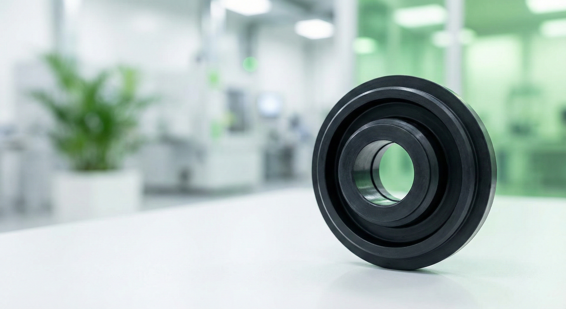 Gros plan sur une pièce en caoutchouc technique Élastomont dans un environnement industriel épuré et végétalisé. L'image illustre une vision claire et un engagement total envers l'avenir du caoutchouc industriel, alliant objectifs ambitieux et respect des normes environnementales strictes.