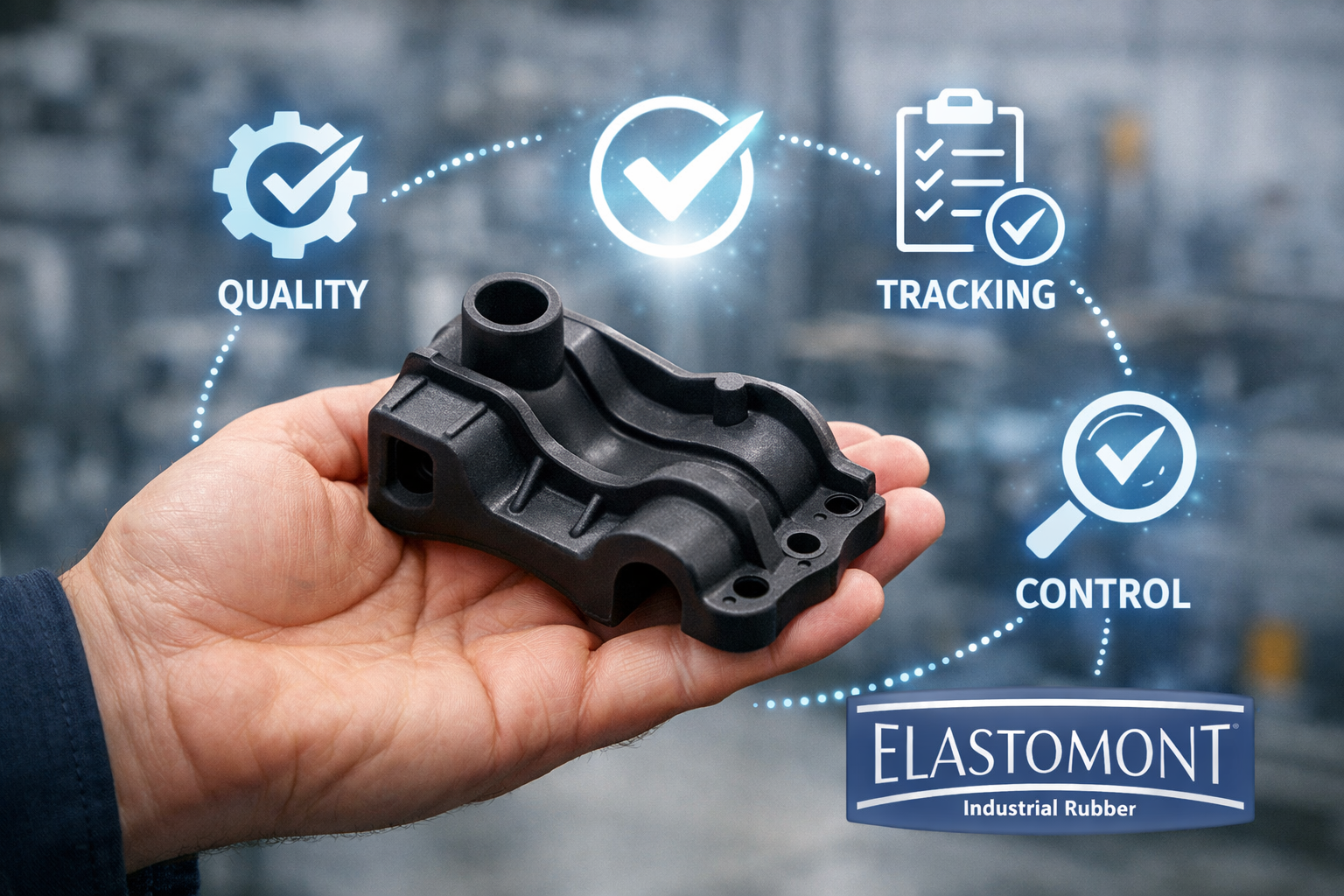 Hand holding a molded rubber part with “Quality”, “Tracking” and “Control” icons (Elastomont) — quality control rubber.