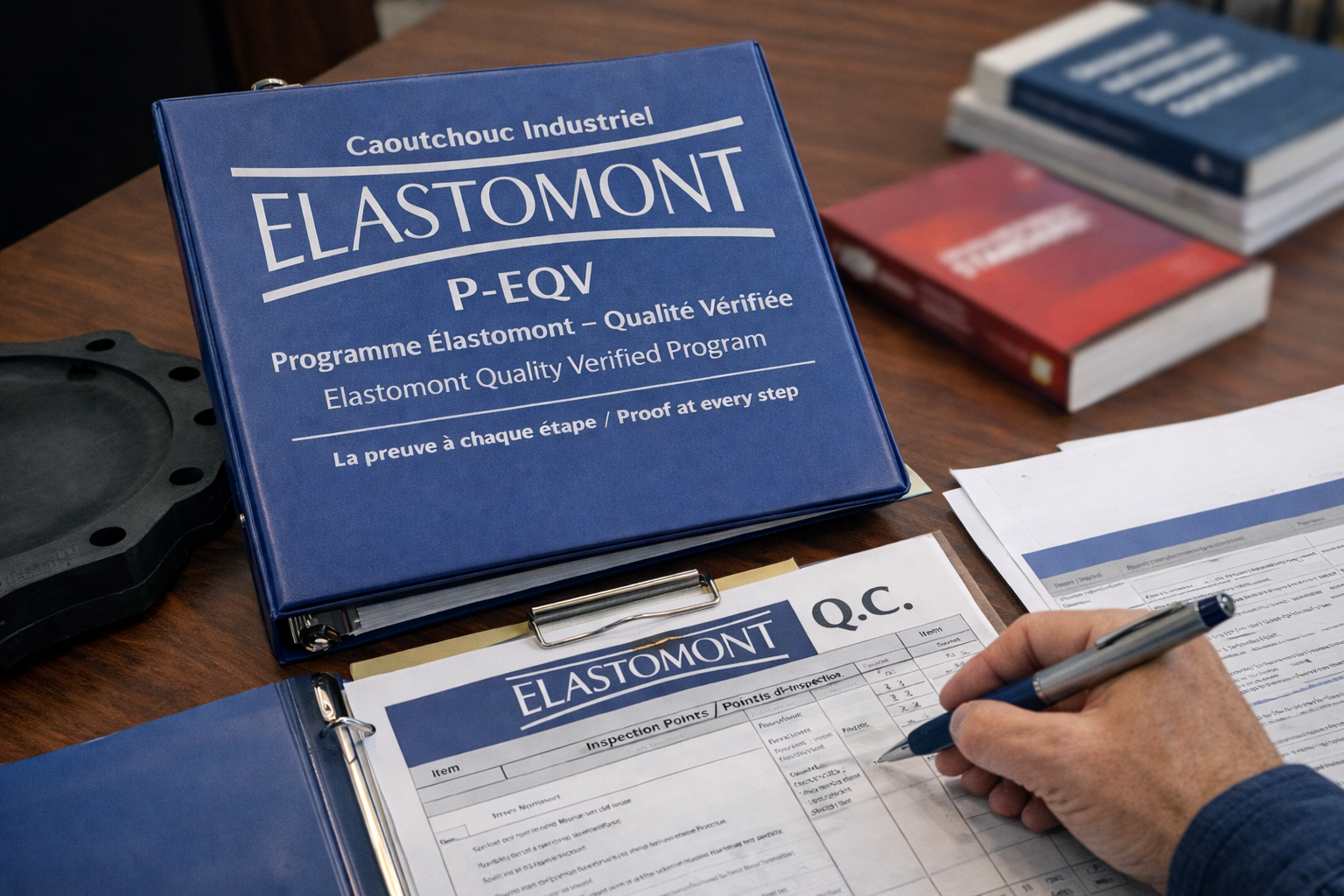 Cartable « P-EQV » Programme Élastomont Qualité Vérifiée sur un bureau, avec formulaire de contrôle qualité (Q.C.) rempli, documents QC et pièce moulée en caoutchouc industriel.