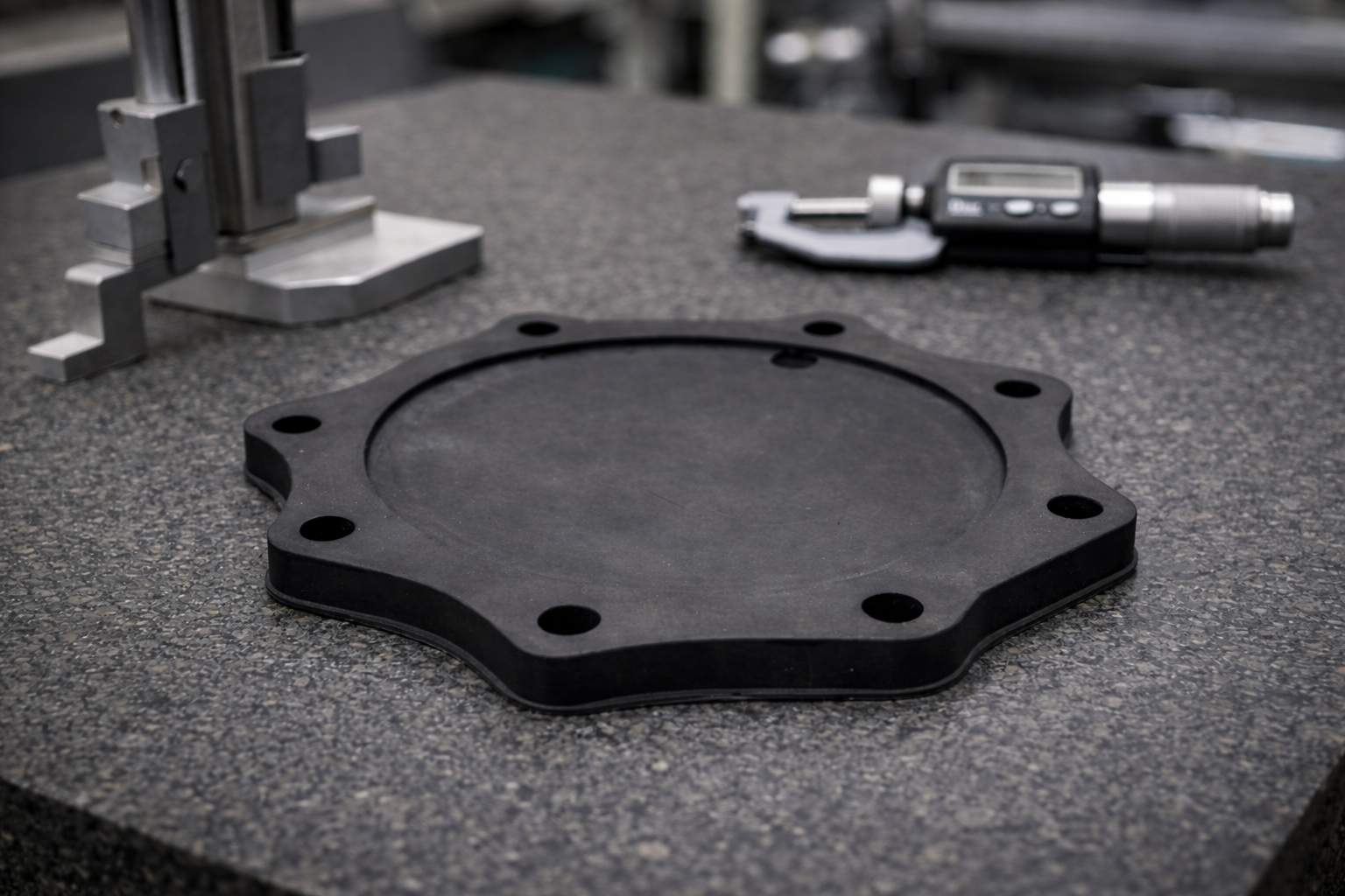 Pièce moulée en caoutchouc noir posée sur un marbre de métrologie, avec jauge de hauteur et micromètre numérique pour mesure dimensionnelle et contrôle qualité chez Élastomont.