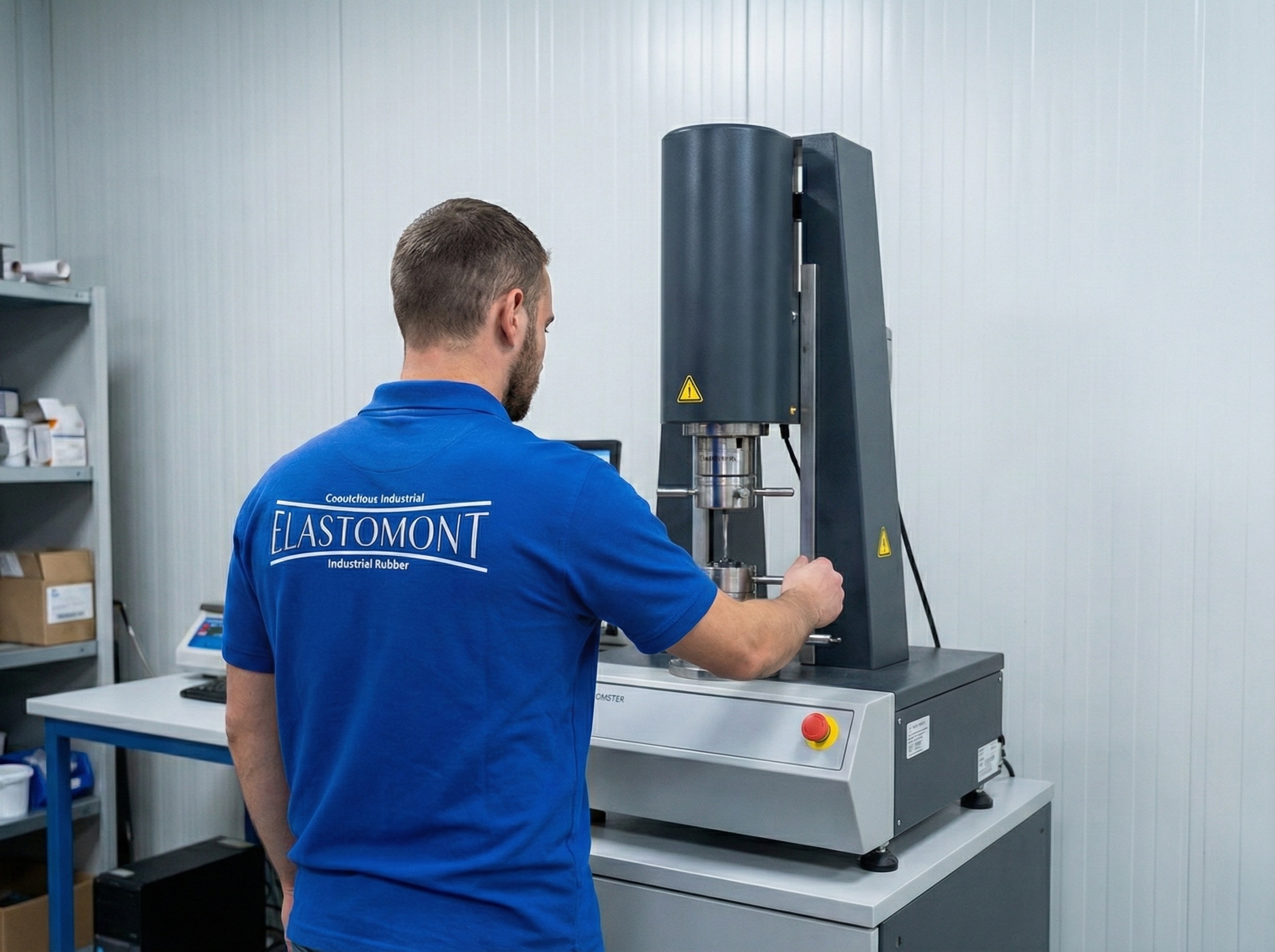 Vue de dos d'un technicien de laboratoire portant un polo bleu avec le logo ELASTOMONT Caoutchouc Industriel, en train de configurer un rhéomètre pour effectuer des tests sur du caoutchouc.