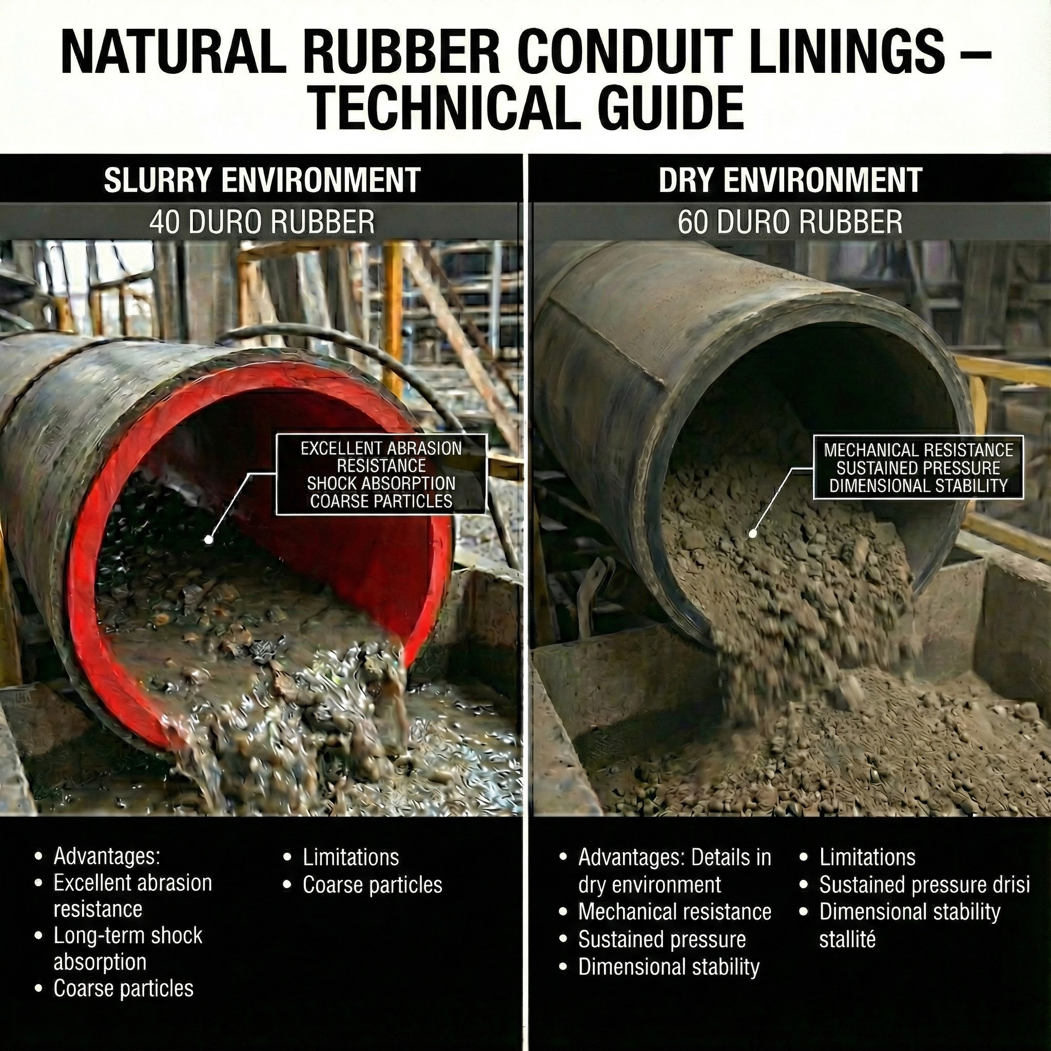Infographic technical guide comparing two types of natural rubber conduit linings. The left panel, for 'Slurry Environment,' shows a pipe with a red liner (40 Duro) discharging wet abrasive slurry and rocks, highlighting excellent abrasion resistance. The right panel, for 'Dry Environment,' shows a pipe with a black liner (60 Duro) discharging dry minerals and stones, highlighting mechanical resistance and pressure stability. Bulleted lists detail the advantages and limitations below each image.