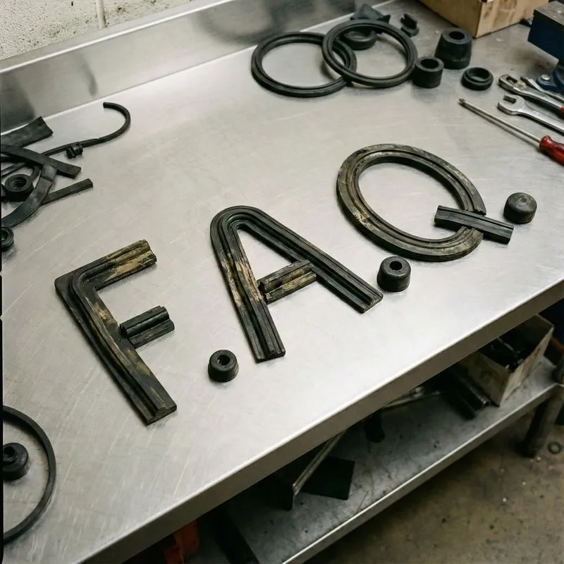 Pièces en caoutchouc moulé formant les lettres F.A.Q. sur un établi en métal, avec des joints et outils industriels. Elastomont, spécialiste en caoutchouc, Montréal.
