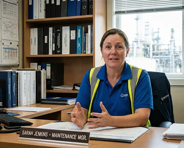 Photo de Sarah Jenkins, responsable maintenance, assise à son bureau et livrant un témoignage. Elle explique comment les pièces moulées sur mesure en caoutchouc d'Élastomont ont amélioré la résistance à l'abrasion et aux chocs de leurs convoyeurs industriels.