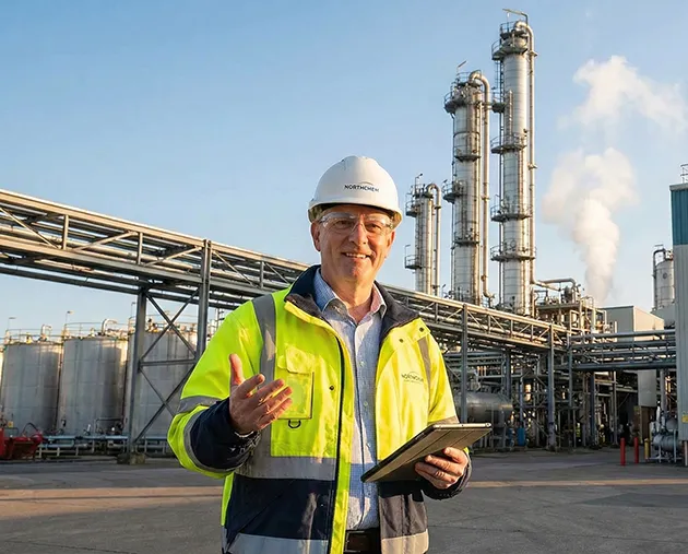 Un ingénieur souriant, portant un casque de sécurité et une veste haute visibilité, tient une tablette et fait un geste de la main devant les installations complexes d'une usine chimique industrielle.