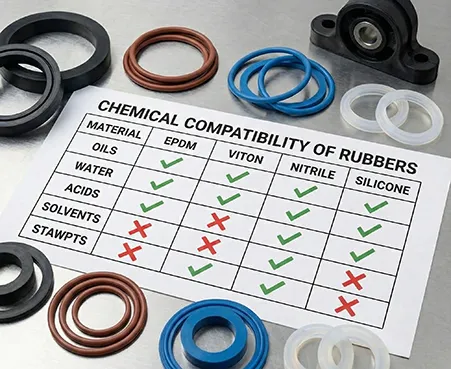 Un tableau imprimé sur papier intitulé COMPATIBILITÉ CHIMIQUE DES CAOUTCHOUCS est posé sur une surface métallique, entouré de divers joints toriques en caoutchouc noir, brun, bleu et transparent, ainsi que d'un palier à semelle noir. Le tableau évalue la compatibilité de l'EPDM, du VITON, du NITRILE et du SILICONE avec des HUILES, de l'EAU, des ACIDES, des SOLVANTS et des PRODUITS CHIM. à l'aide de coches vertes et de croix rouges.