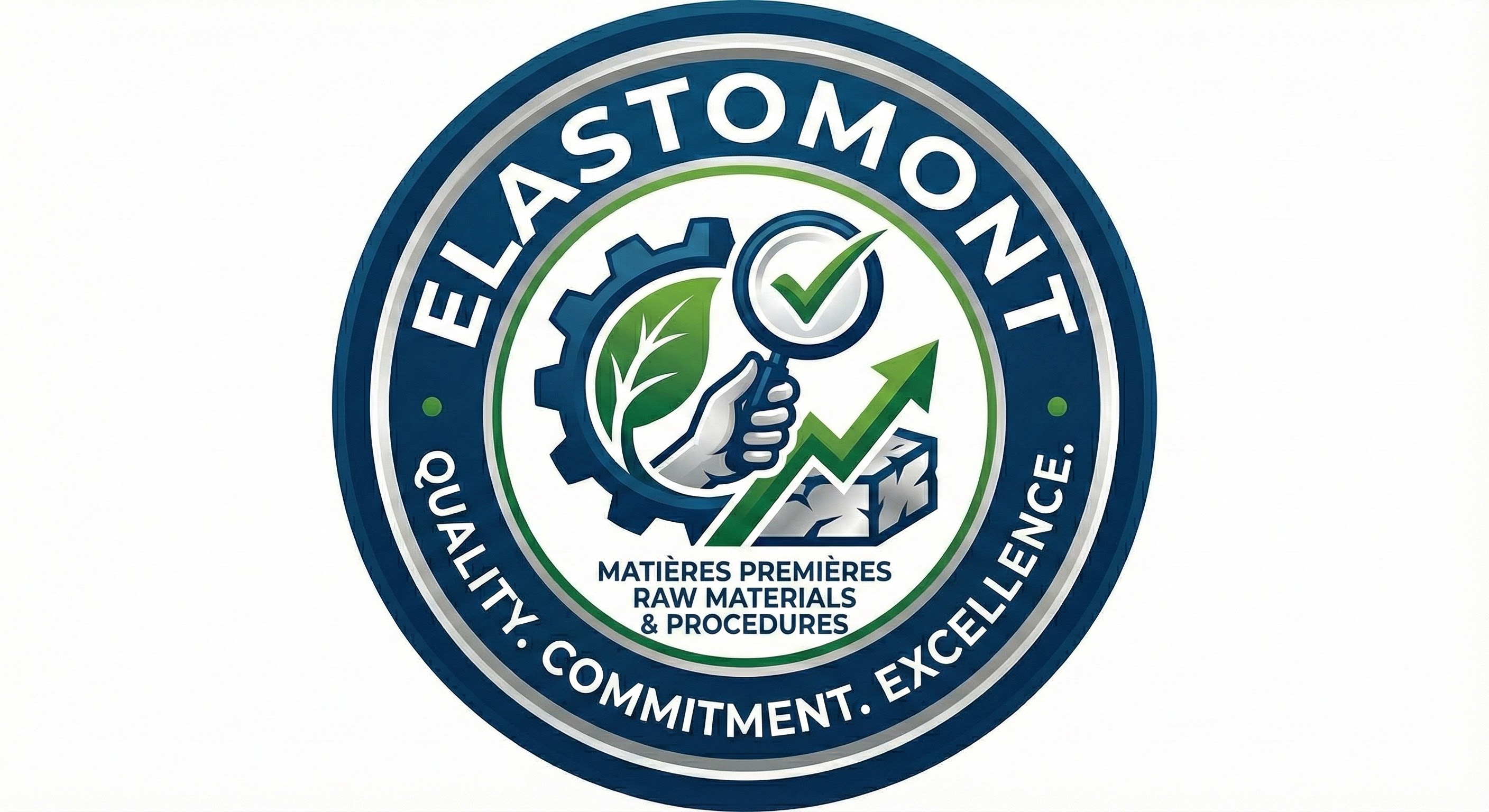 Bilingual circular logo for Elastomont. The dark blue outer ring features the white text "ELASTOMONT" at the top and "QUALITÉ. ENGAGEMENT. EXCELLENCE." at the bottom, with "QUALITY. COMMITMENT. EXCELLENCE." directly below it. The center illustration shows a gear with a leaf, a hand holding a magnifying glass pointing to a green checkmark, and an upward trend graph above raw material blocks. Below this illustration, the bilingual text reads "MATIÈRES PREMIÈRES & PROCÉDURES / RAW MATERIALS & PROCEDURES".