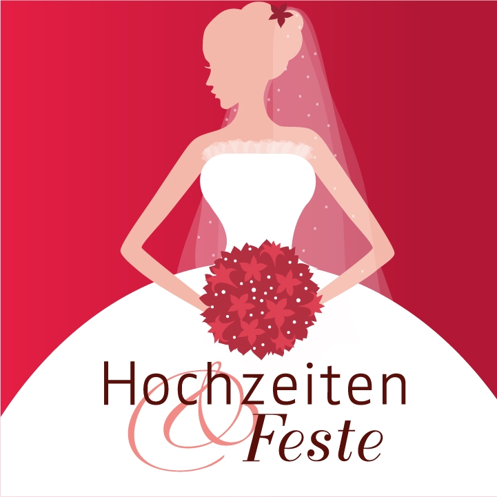 Illustration of a bride holding a bouquet of red flowers with the text 'Hochzeiten & Feste' on a red and white background.