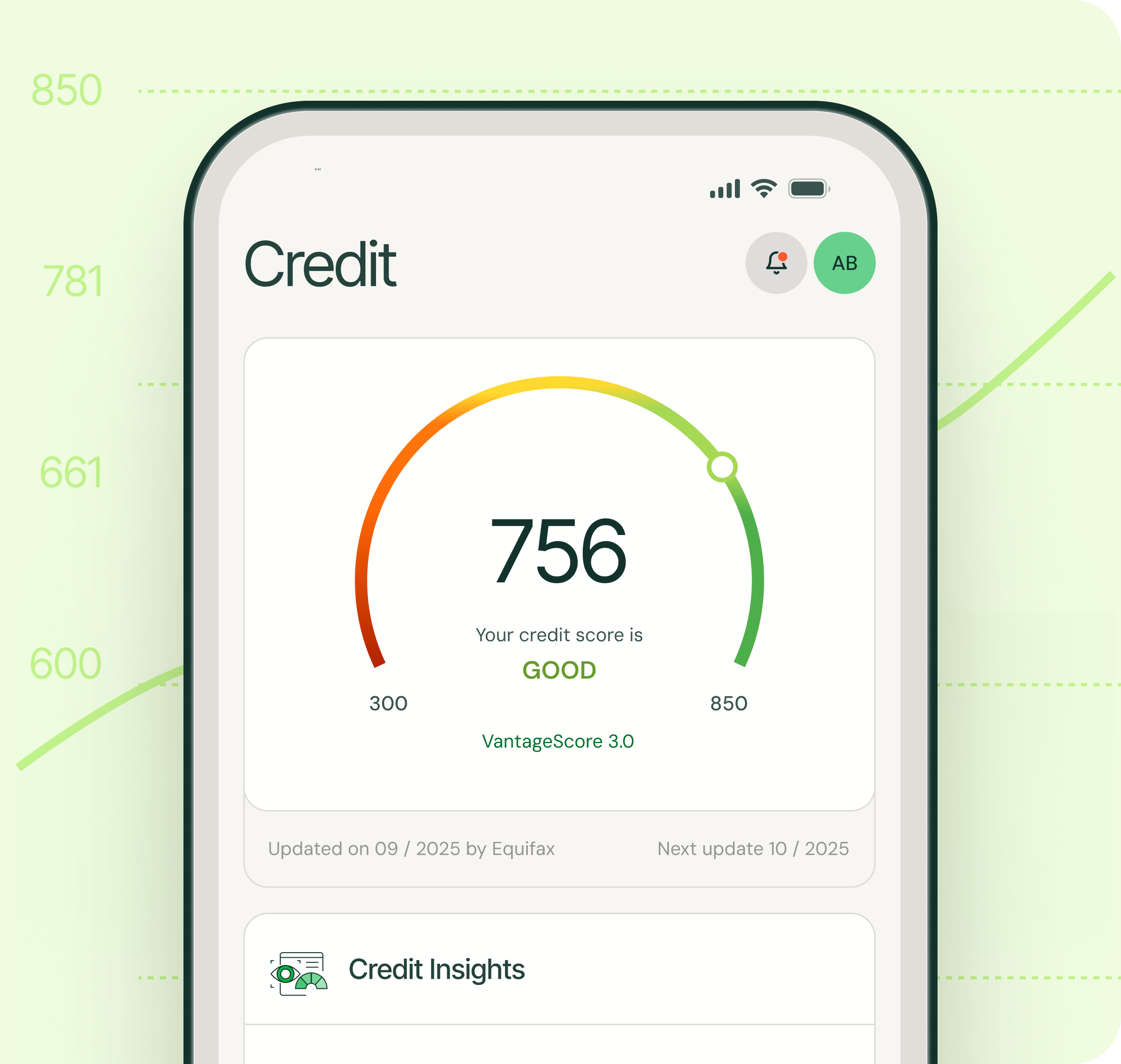 Esusu credit score dashboard displaying a good credit score of 756.