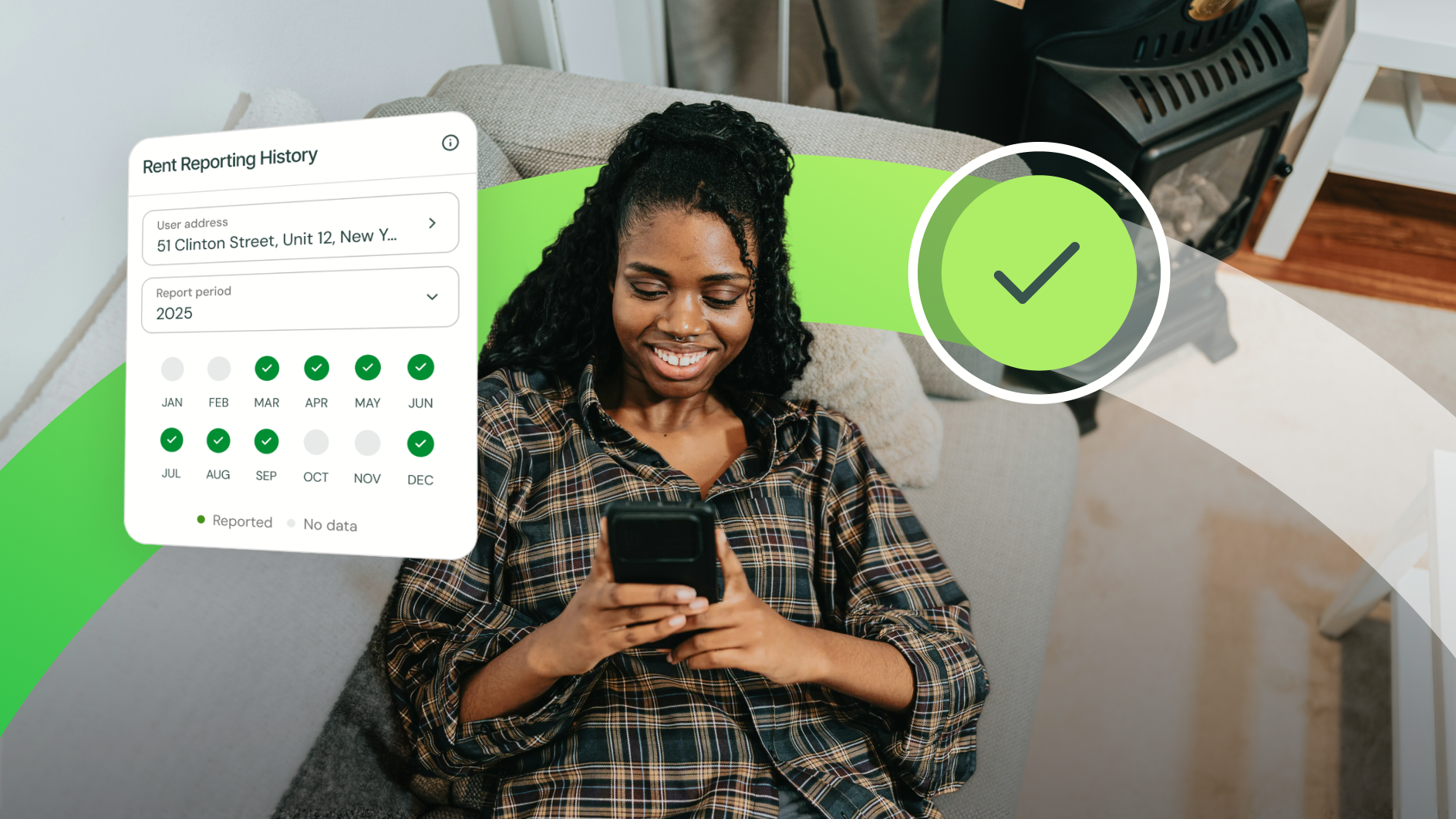 A young adult woman using her phone to learn how rent payments can help build credit with Esusu
