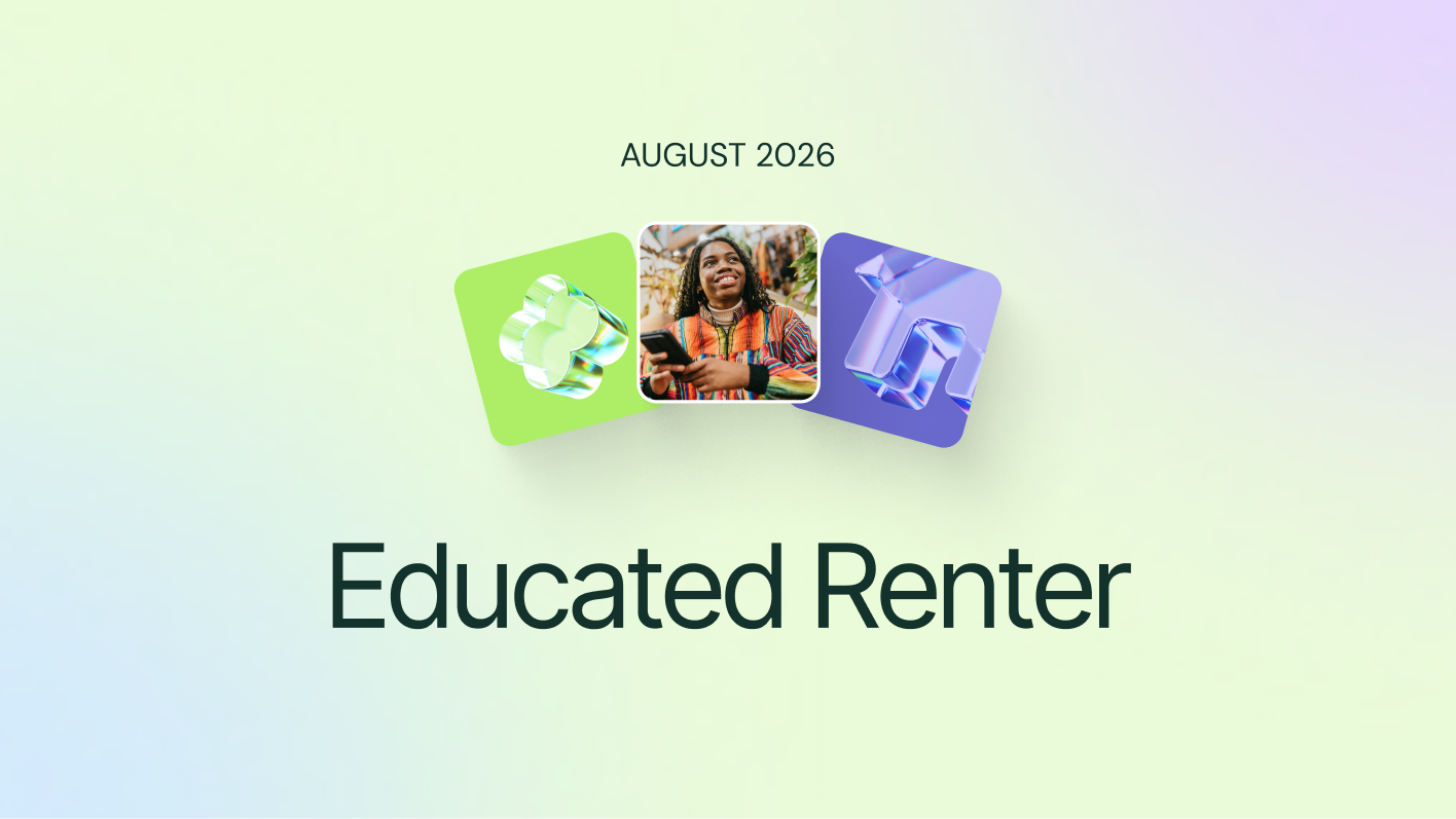 A pastel gradient header for the July 2026 Educated Renter newsletter, featuring three colorful images above the title