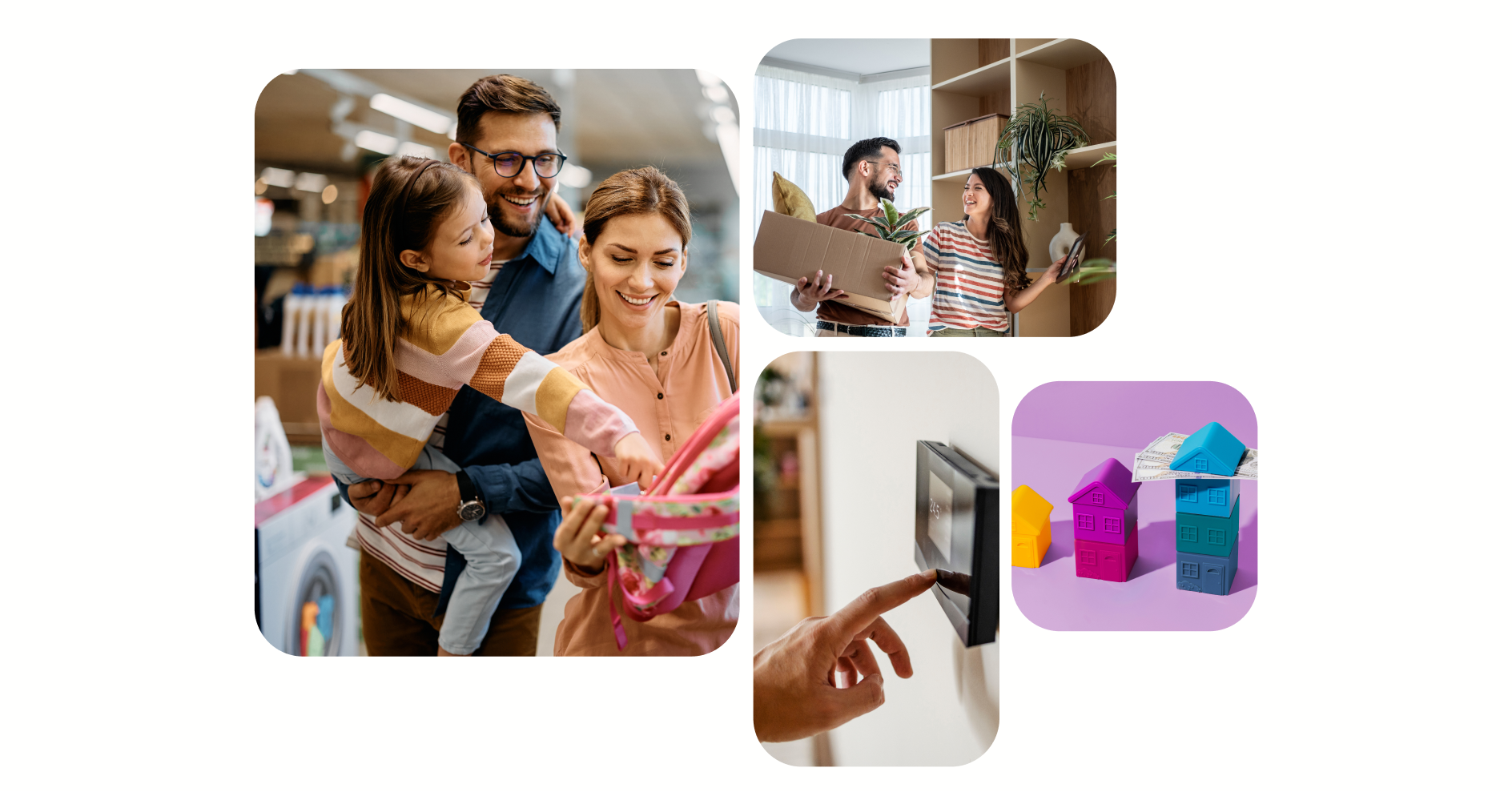 A collage of people shopping, dining, and making a digital payment, with a colorful bar chart icon