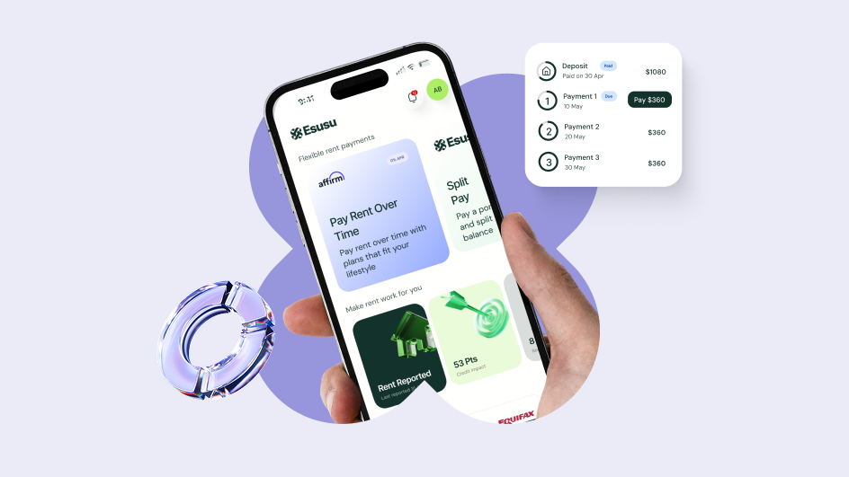 A hand holding a smartphone displaying the Esusu app, surrounded by floating account details and financial icons