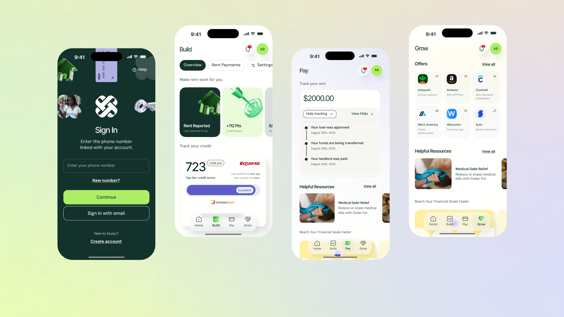 Four smartphones displaying different features of the Esusu app