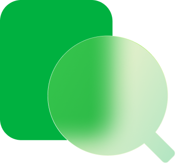 A green magnifying glass icon over overlapping rounded squares