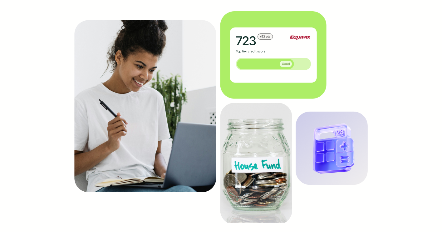 A woman budgeting on a laptop alongside a credit score, a house fund savings jar, and a financial app icon.