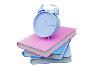 A blue alarm clock resting on a stack of colorful books.