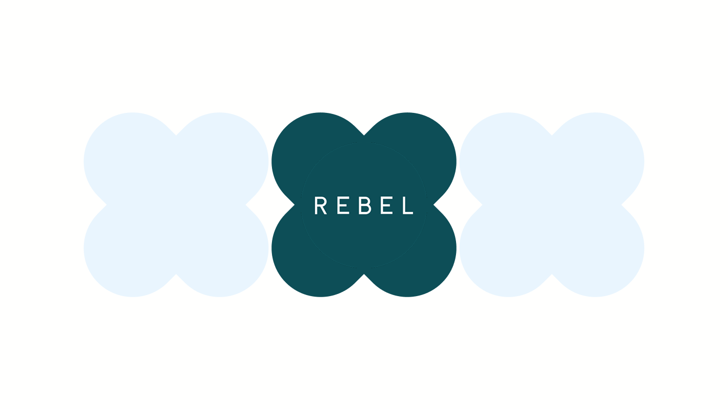 The REBEL logo in white text inside a dark teal geometric shape.