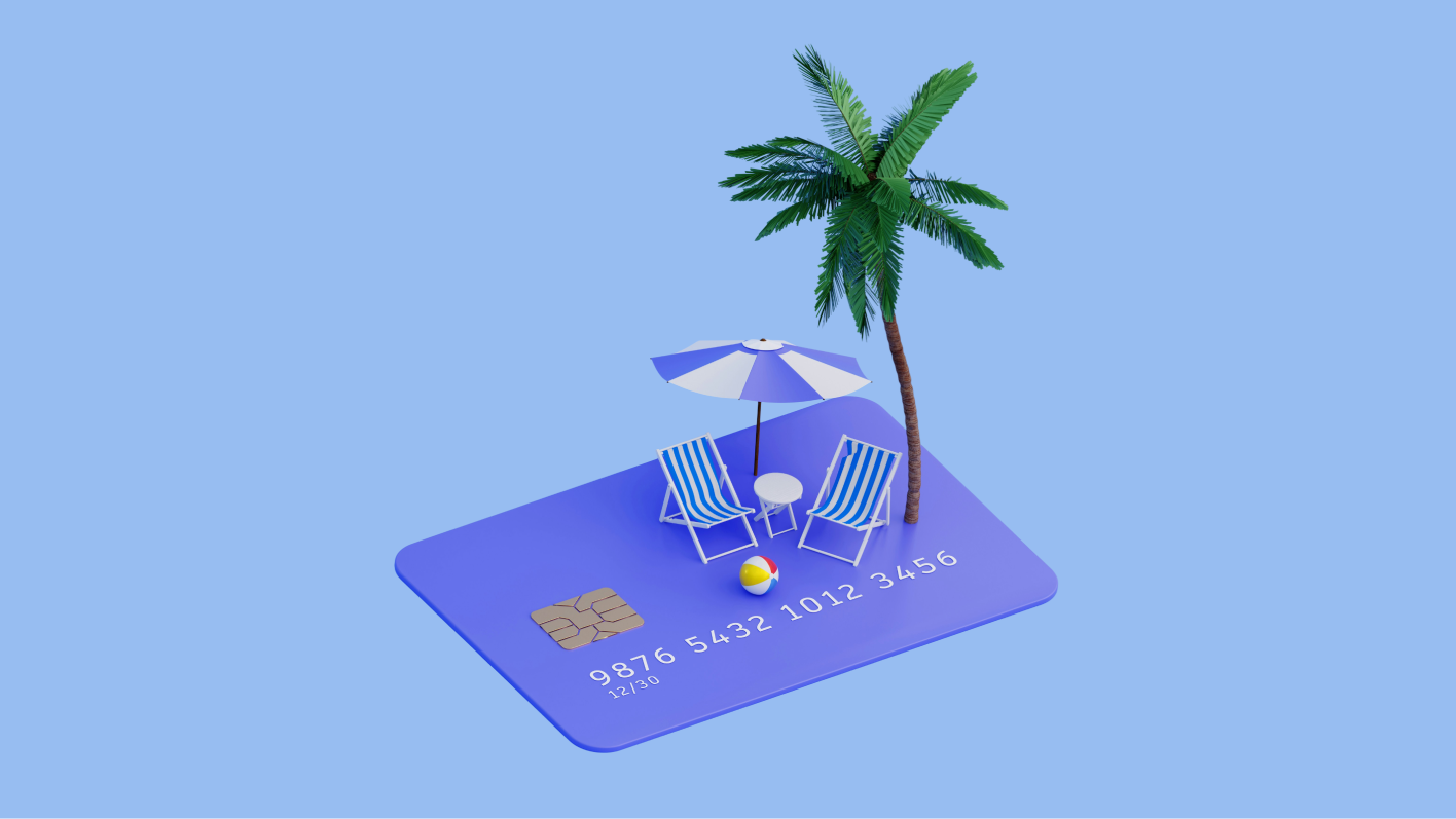 A blue credit card illustrated as a beach scene with palm trees, lounge chairs, and an umbrella.