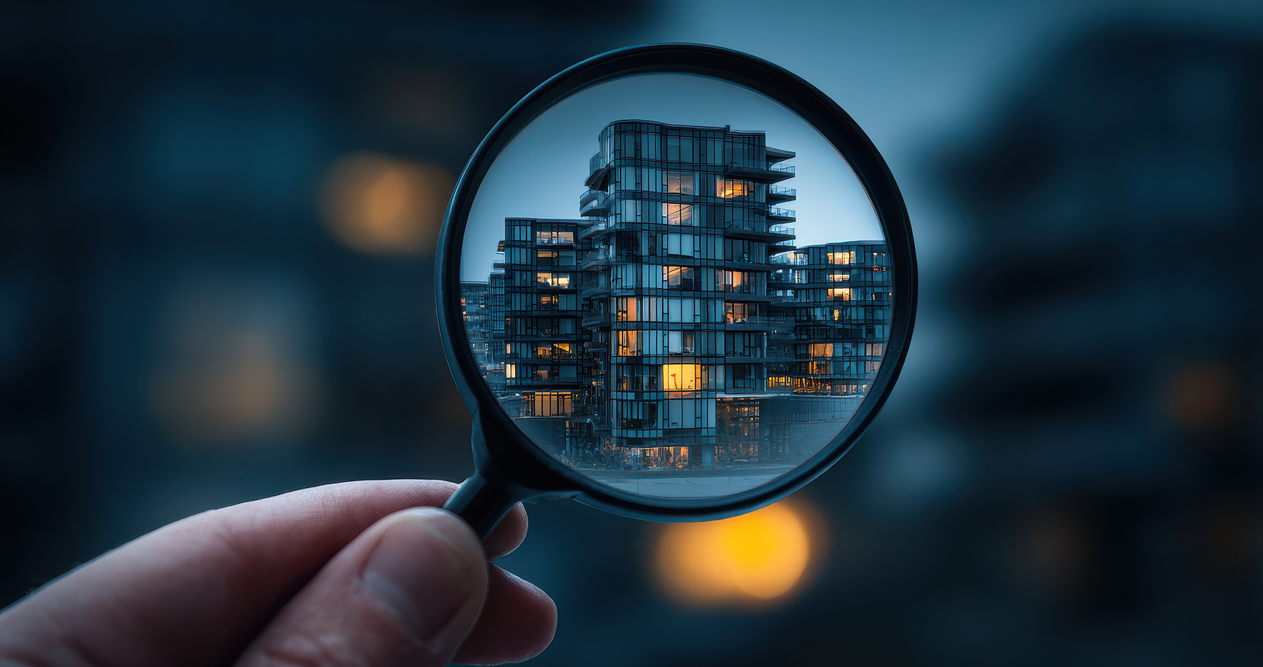 Illustration of a magnifying glass with a fingerprint inspecting an apartment building.