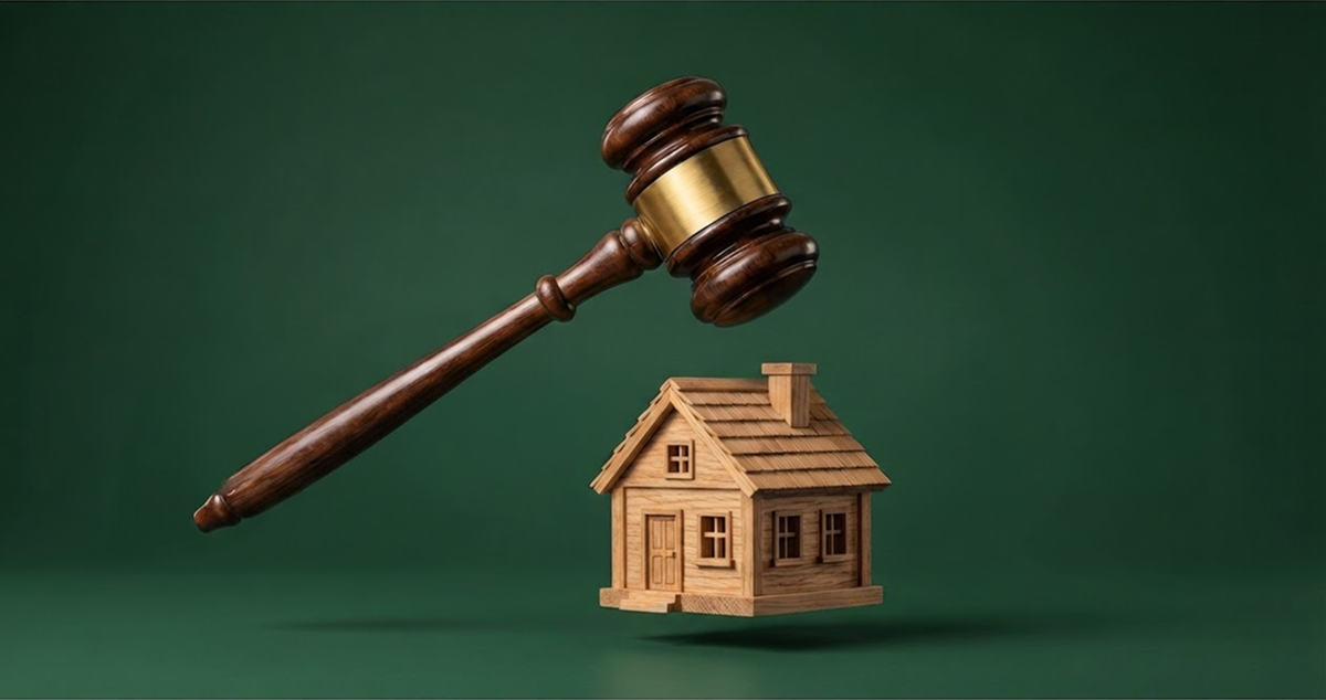 Miniatures of a gavel atop a wooden house.