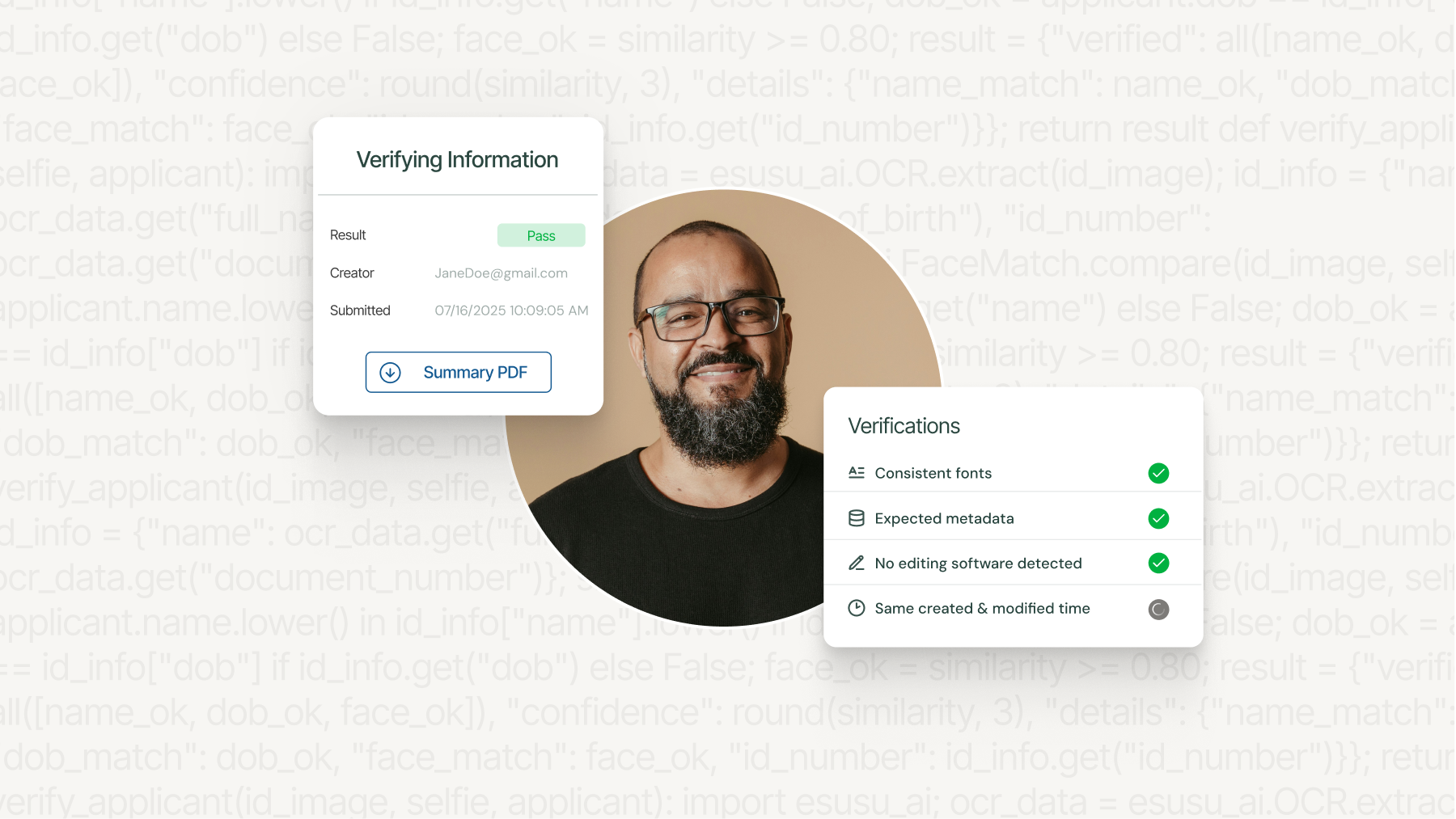 Income Verification Software showing a renter's profile and passed document checks