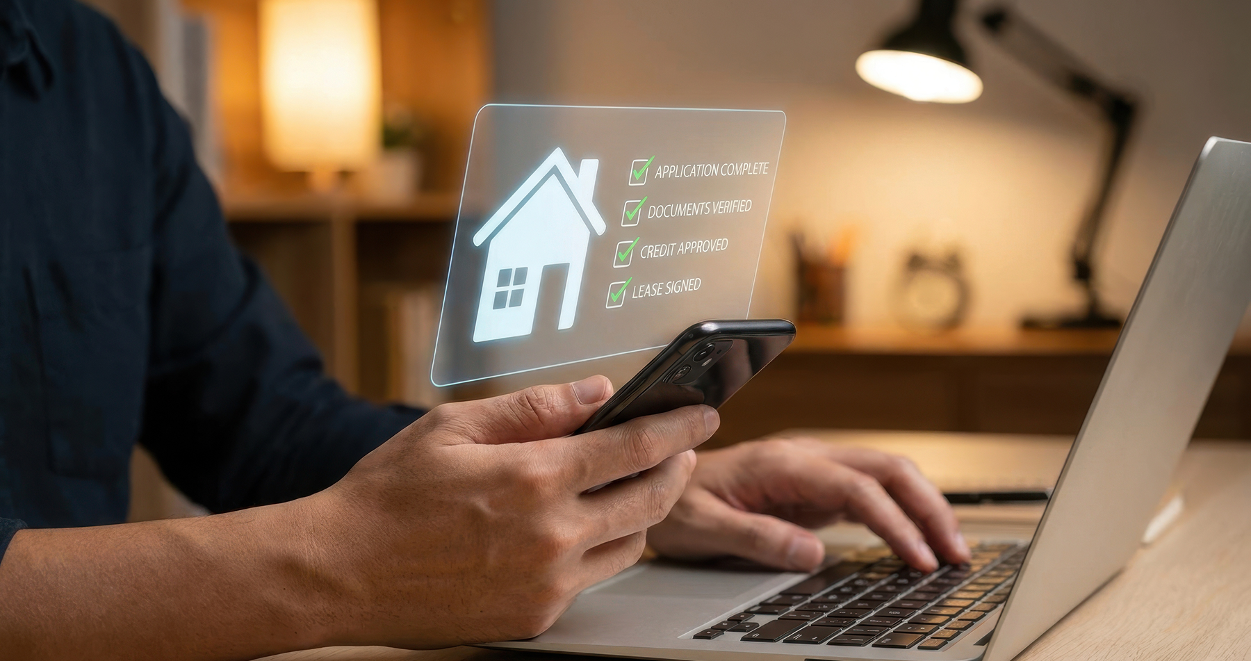 A property manager sitting at a modern desk looking at a laptop and a floating UI card with a green "Income Verified" badge.