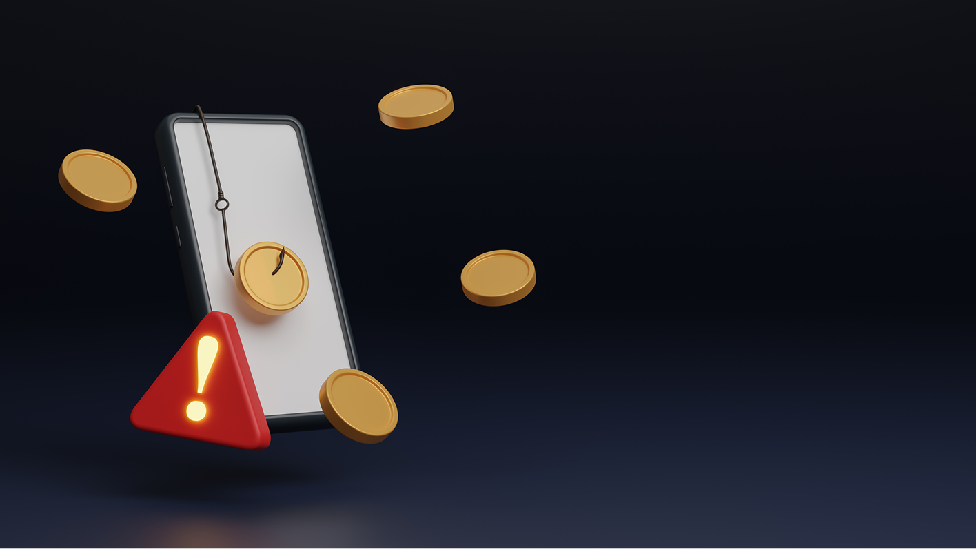 A 3D illustration of a smartphone with a fishing hook catching a gold coin, surrounded by floating coins and a red warning triangle.