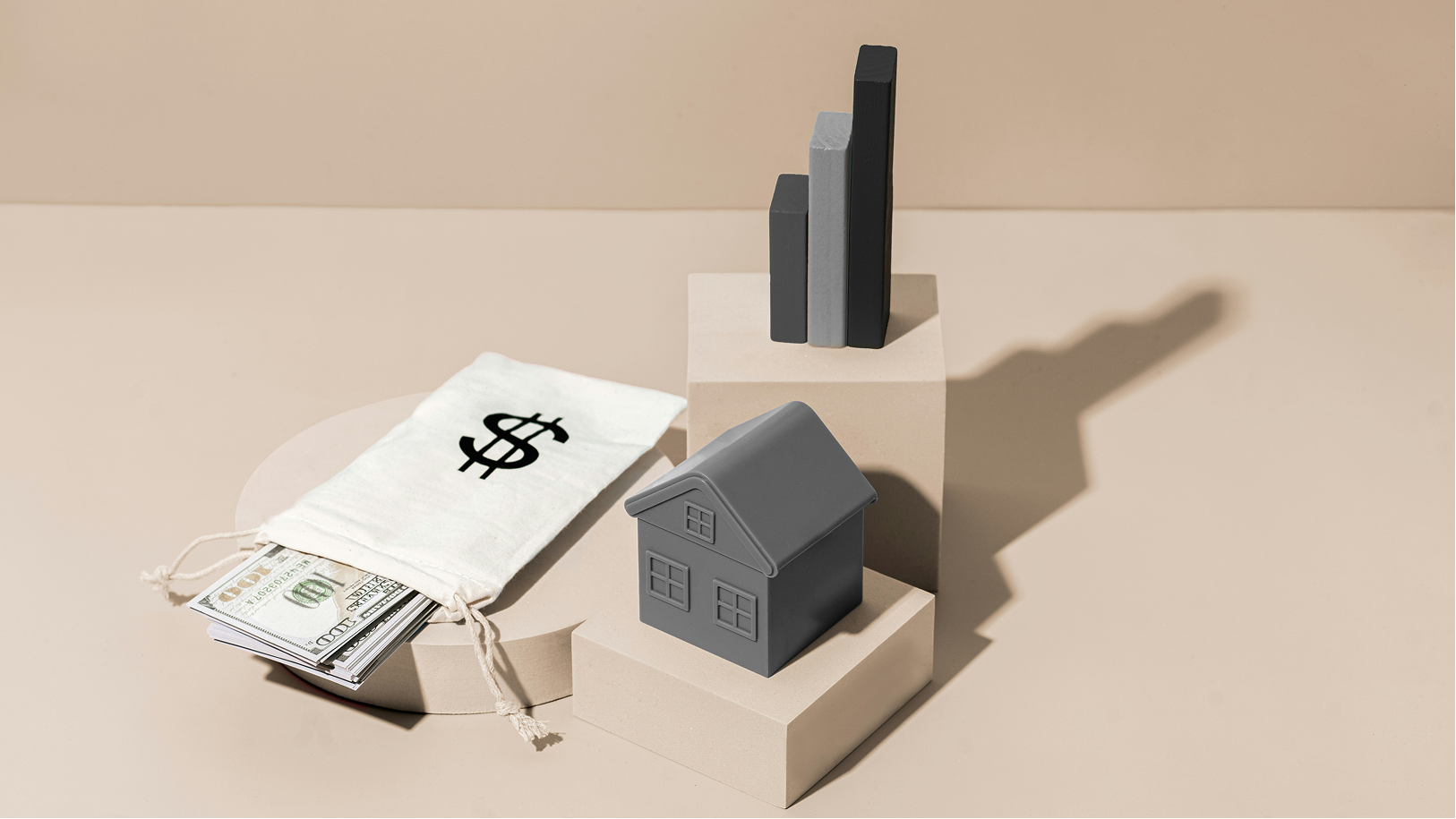 An illustration of a money bag, miniature house, and upward bar chart on beige blocks