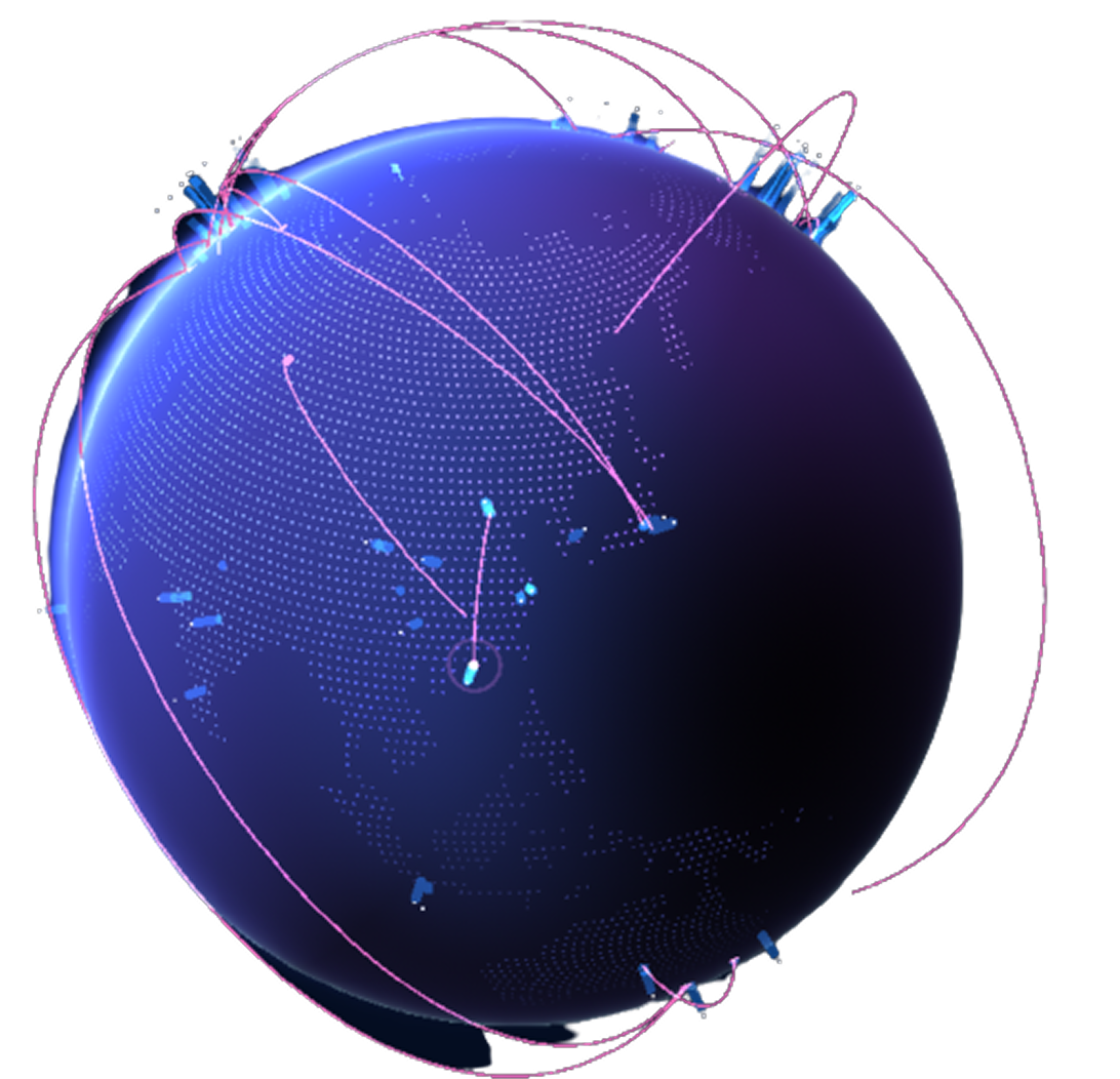 Glowing digital globe with dotted continents and pink curved lines representing global data connections.