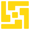 Abstract yellow geometric shape with interlocking rectangular and curved segments on a transparent background.