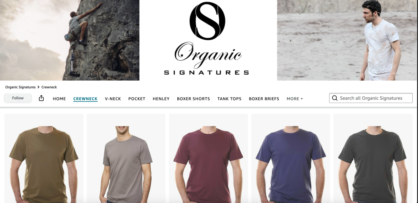 E-commerce site showcasing Organic Signatures crewneck T-shirts in five colors worn by male models beneath a logo and navigation bar.